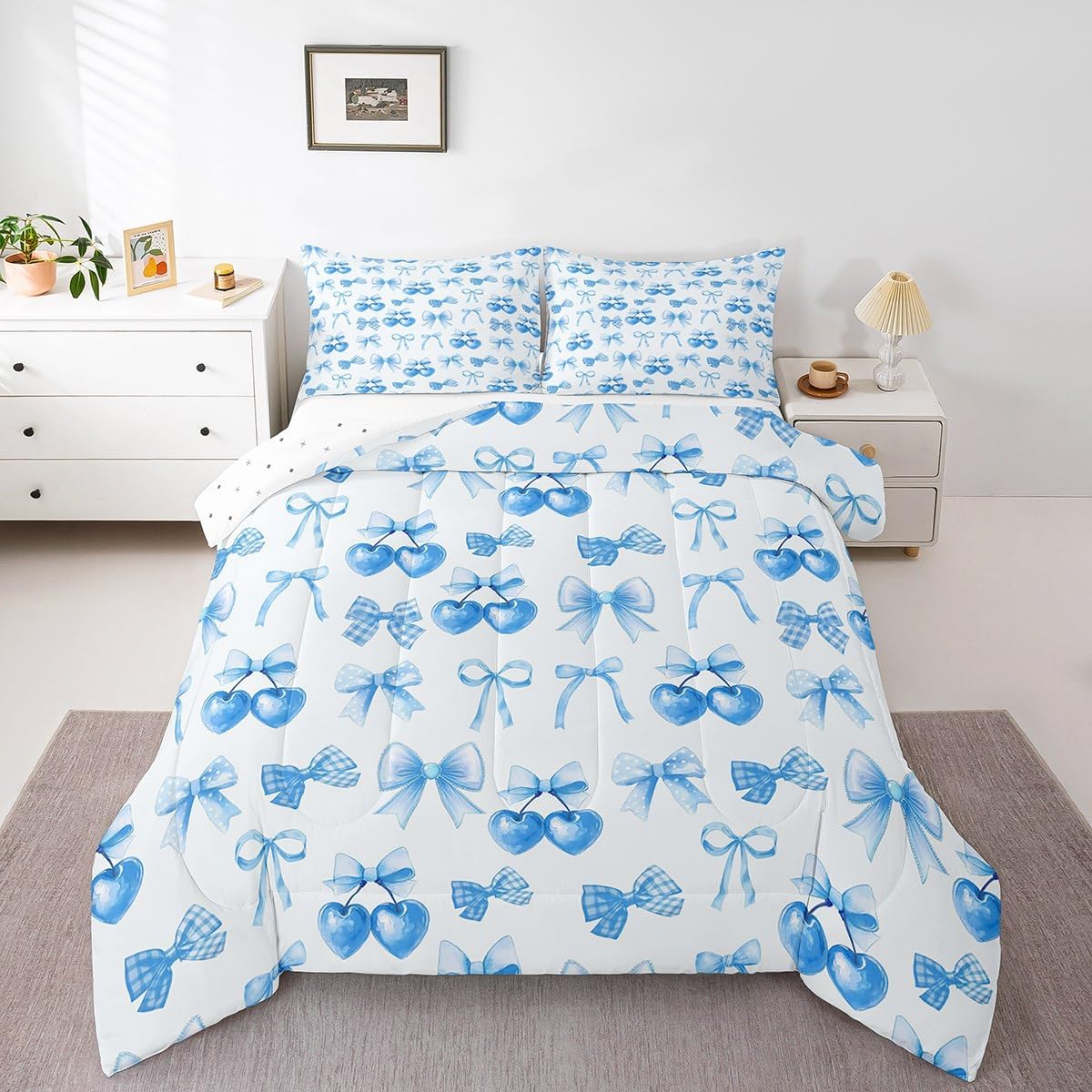Blue Bow Cherry Kids Comforter Sets Toddler Size,Cartoon Bowknot Girls Women Bedding Sets,Dreamy Princess Style Quilt Set Bedroom Decor 2 PCS,Watercolor Bowknot Quilt Set with 1 Pillowcase