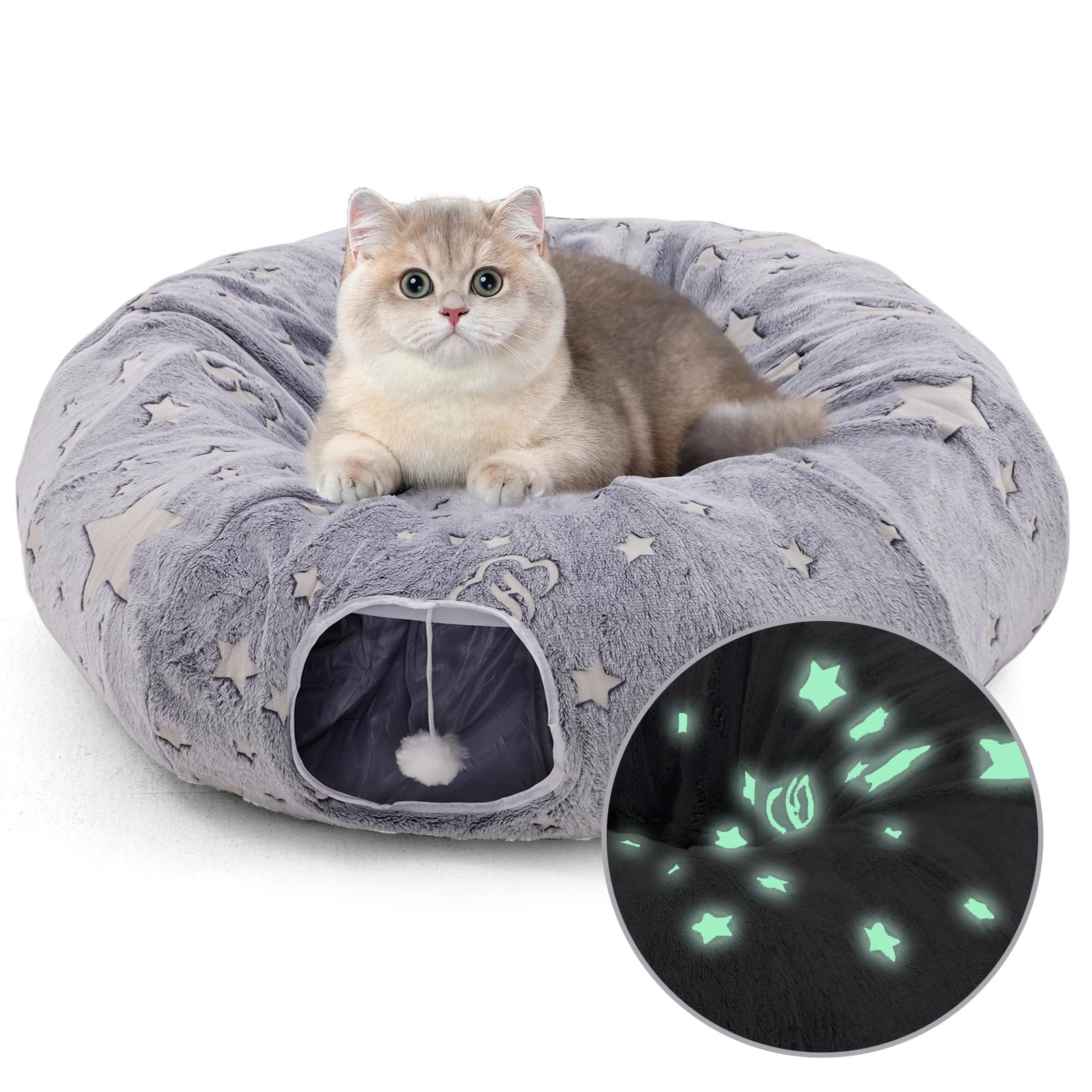 Cat Tunnel Bed for Indoor Cats,Fluffy Cat Bed Tunnel for Large cats,Multifunctional Cat Tunnel Donut Cave with Cat Toy 90CM for Small,Medium and Large Cats