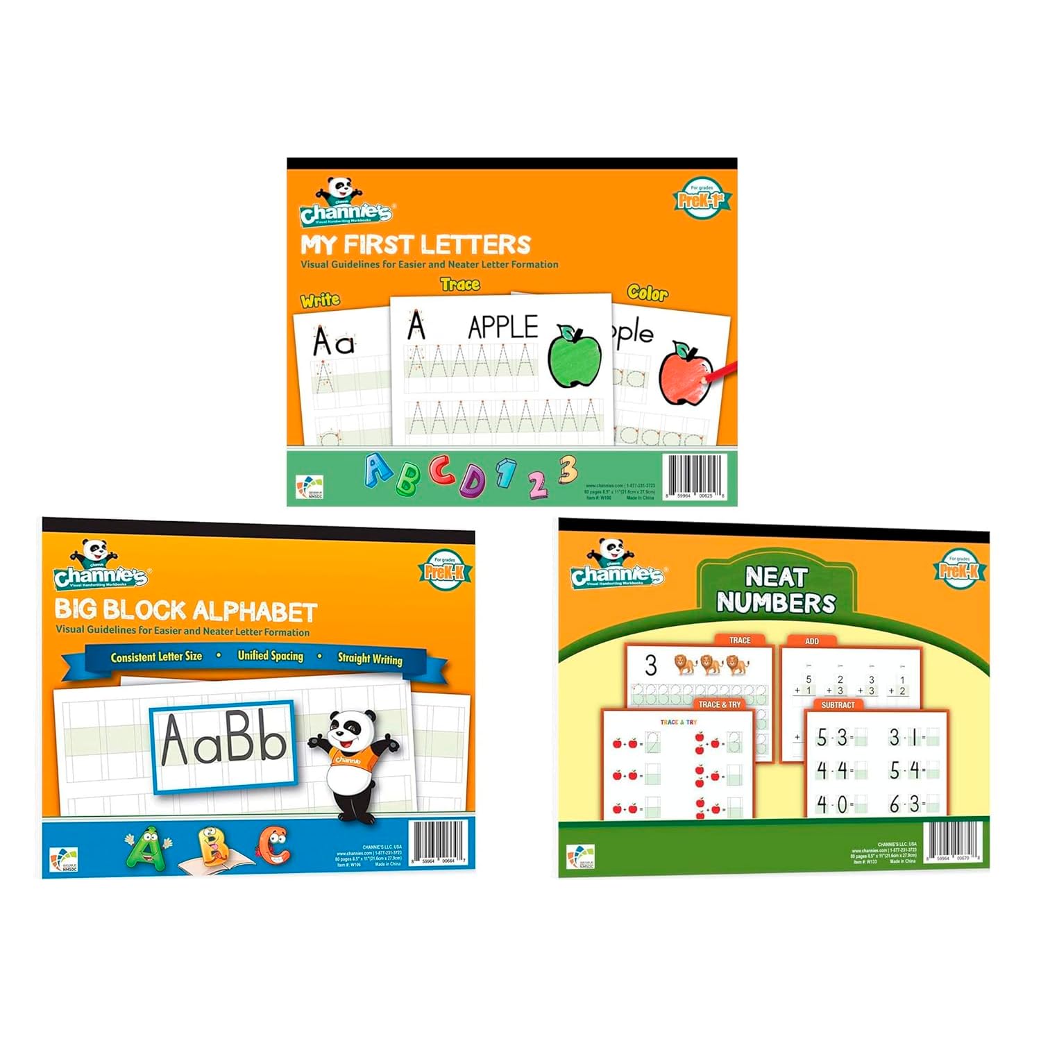 Channie's PreK Lot de 3 cahiers d'apprentissage et de traçage pour l'écriture manuscrite et les chiffres – Lettres de l'alphabet et chiffres pour l'école à la maison et après l'école
