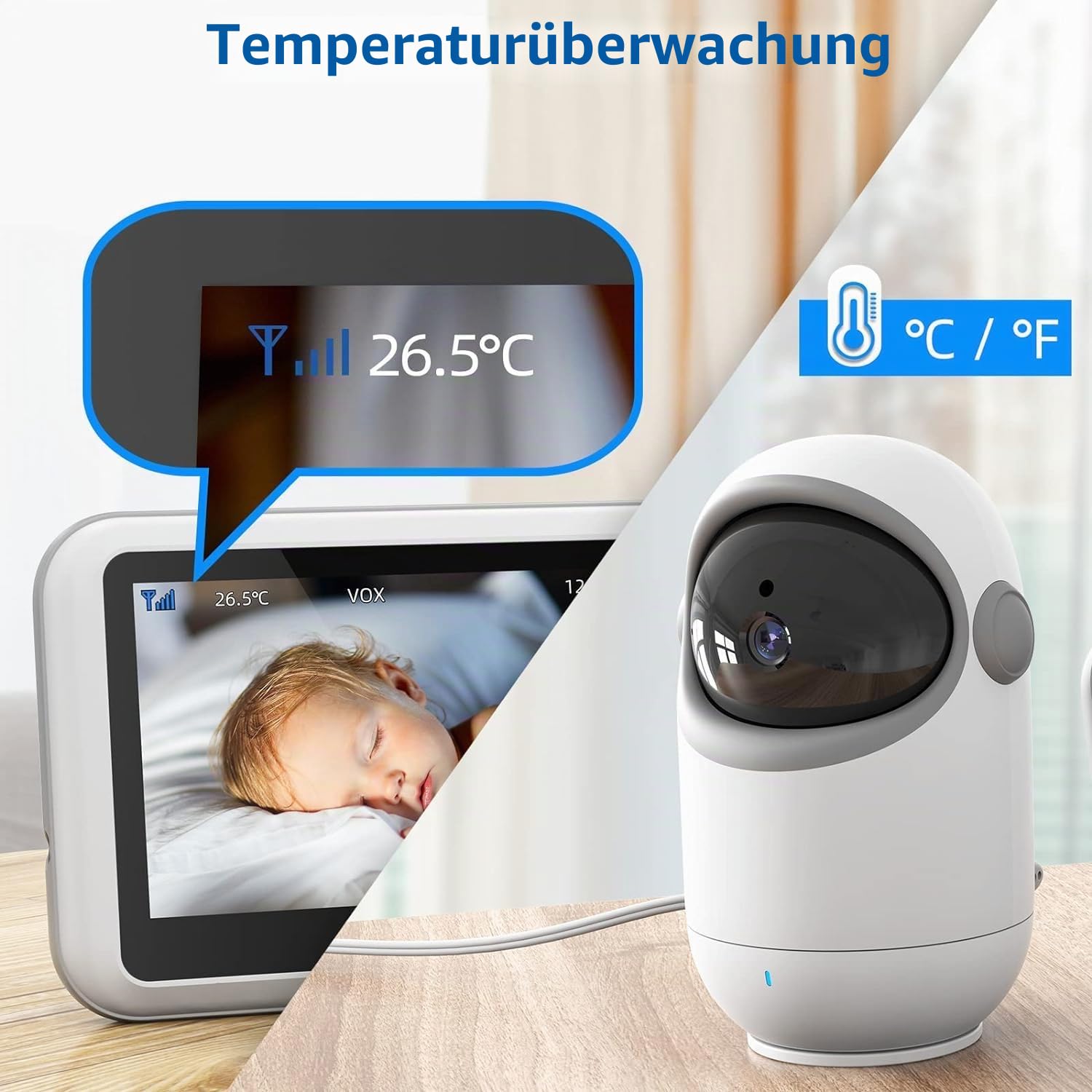 TakTark Babyphone mit Kamera, 4.3'' Babyfon mit Kamera und Audio mit Pan-Tilt 300° Rotation Video Baby Monitor mit VOX, Gegensprechfunktion, Nachtsicht, Temperatursensor und Keine störenden Lichter