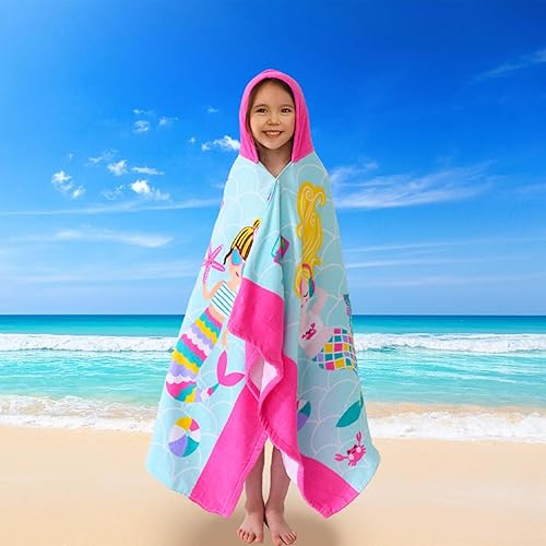 Miniatura 5 de Toalla de playa de baño con capucha, para bebés, niños y niñas de 3 a 12 años, tamaño extra grande, 50 x 30 pulgadas, algodón absorbente súper