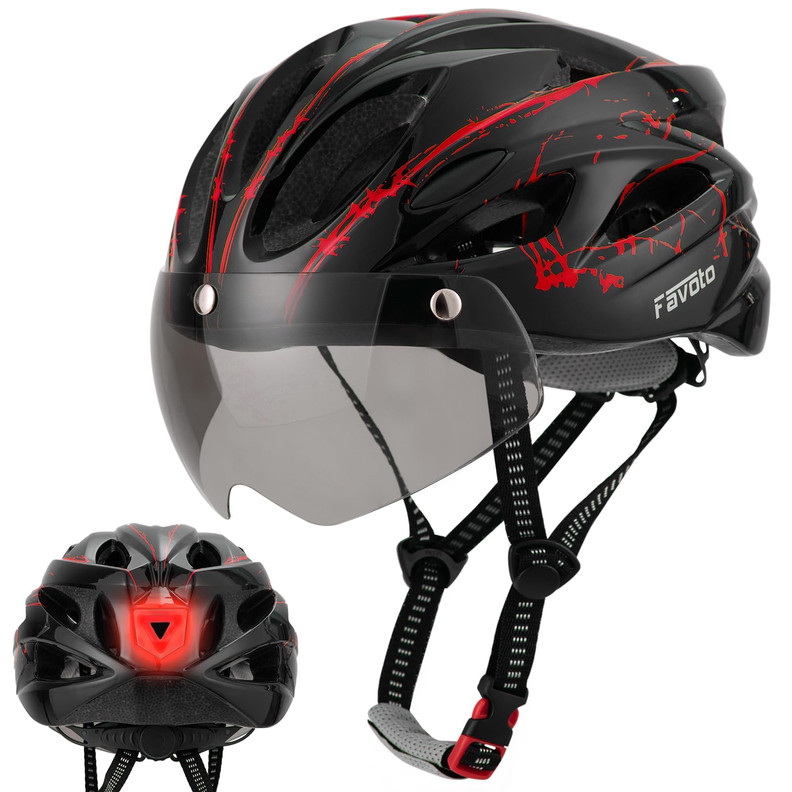 Favoto Casco de Ciclismo para Adulto con Gafas, luz Trasera, Forro Desmontable, tecnologÃa de Moldeado EPS, Transpirable y Ligero, Ajustable de 57 a 61cm