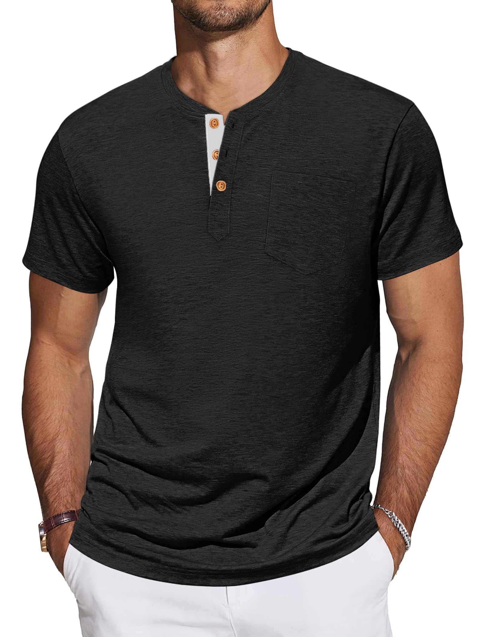TARAINYA Henley T-Shirt Uomo Cotone Maglietta Maniche Corte Tinta Unita con Tasche Estate M-4XL