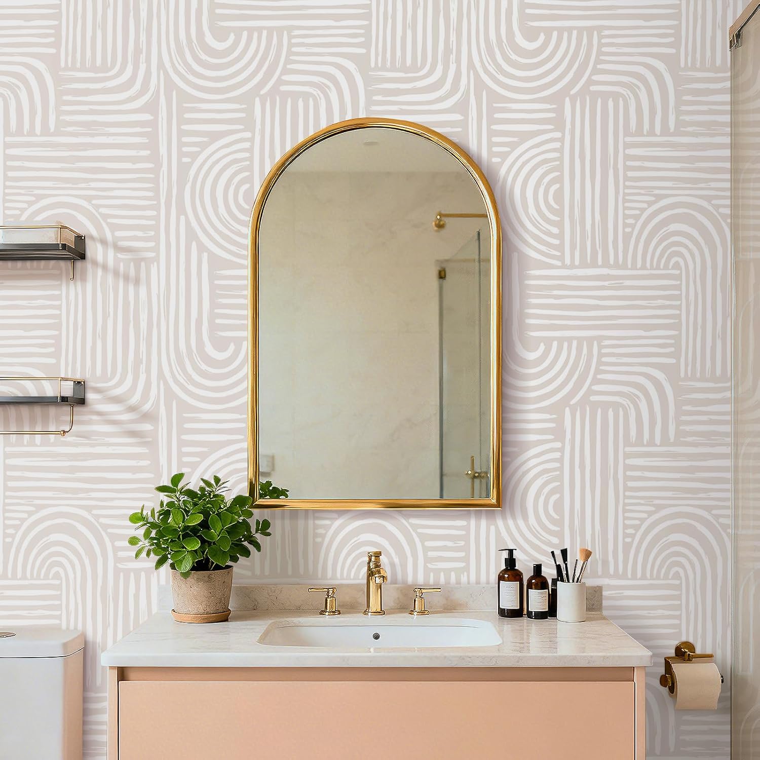 Stickyart 17.5"x276" Abstract Line Geometric Wallpaper Peel and Stick Modern Beige White Line Art Wall Paper Mid Century Neutral Minimalist Abstract Geometric Contact Paper for Bedroom Office Decor