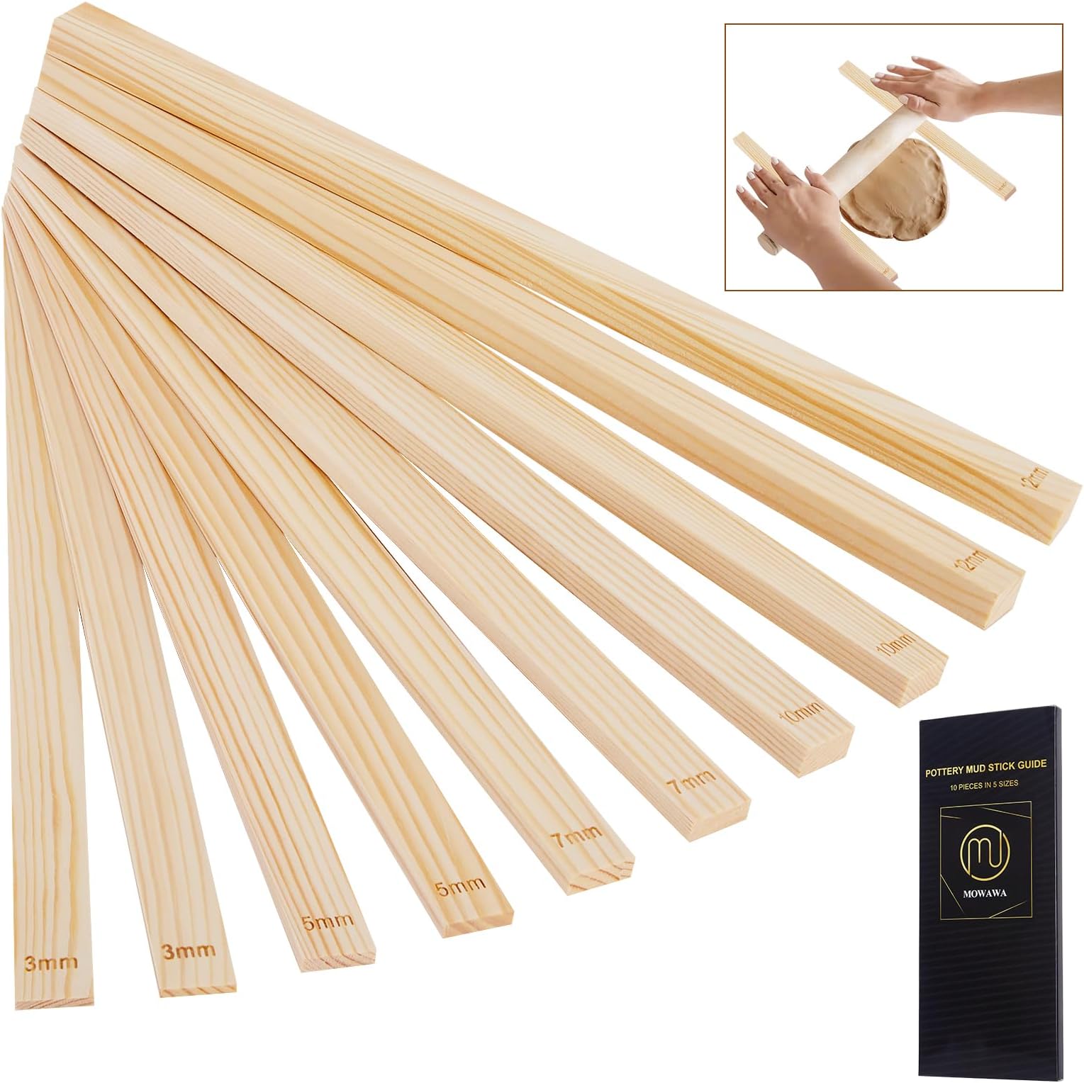 Mowawa 10 Pcs Pottery Teaching Rolling Mud Stick Guide Set, 5 Size Mudboard Guide Wooden Strips, Pottery Tool Clay Tools for Precise Polymer Clay Thickness Measurement