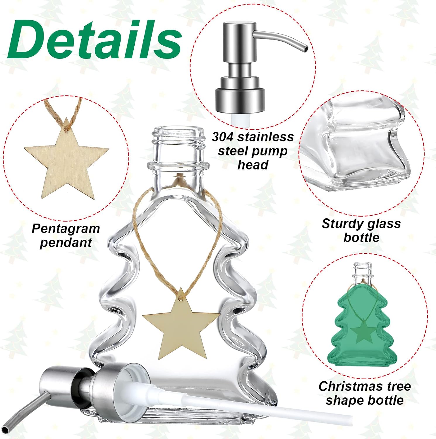 Skyley 3 Set Christmas Tree Soap Dispenser with Stainless Steel Pump Xmas Decorative Bathroom Hand Shaped Empty Bottles for Dish Kitchen