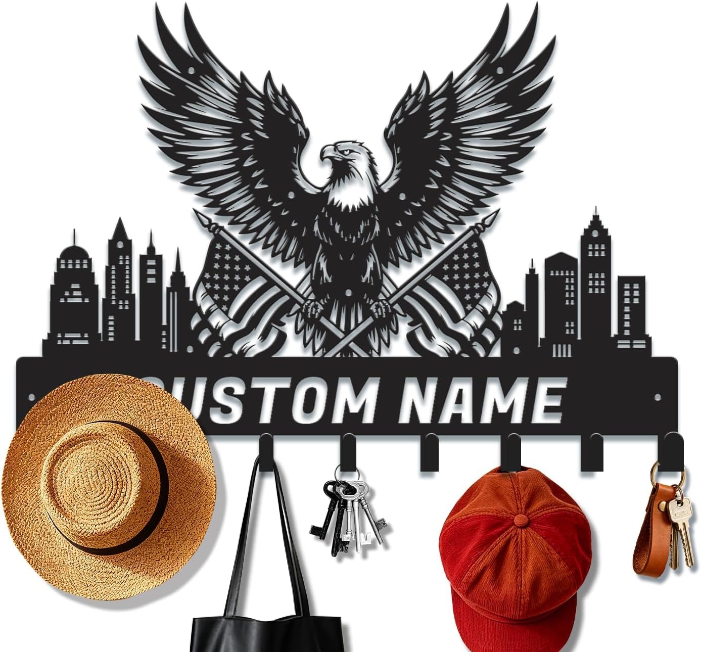 Personalized Eagle Metal Wall Organizer, Custom Coat & Key Hanger, Patriotic Entryway Decor, Rustic Lodge Hook Rack, Durable Outdoor Hooks (C)