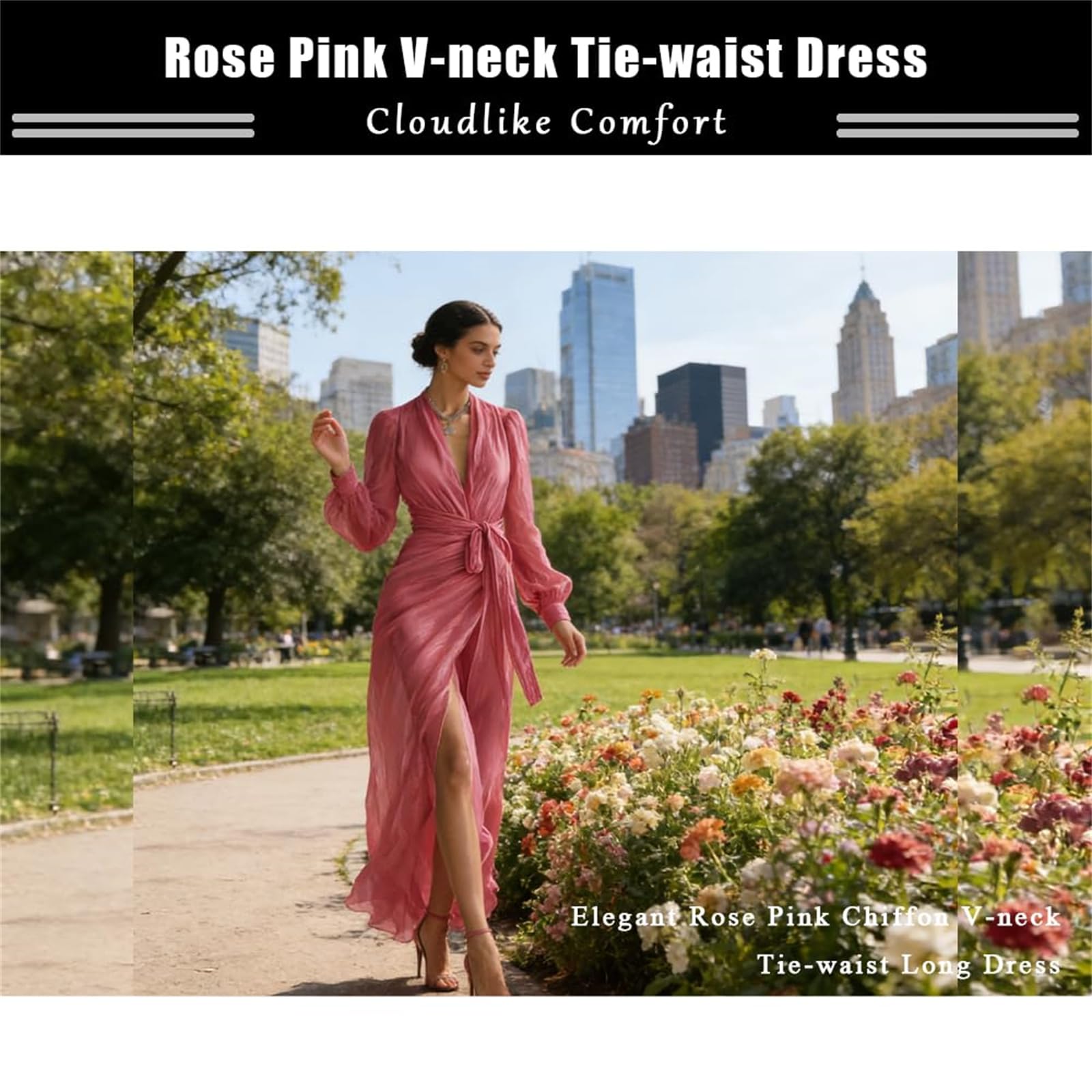 Generico Abito Lungo Elegante da Donna in Chiffon Rosa Perlato, Scollo a V, Cintura in Vita, Modello Bodycon con Arricciature e Orlo a Balze (Rose Red,XL)