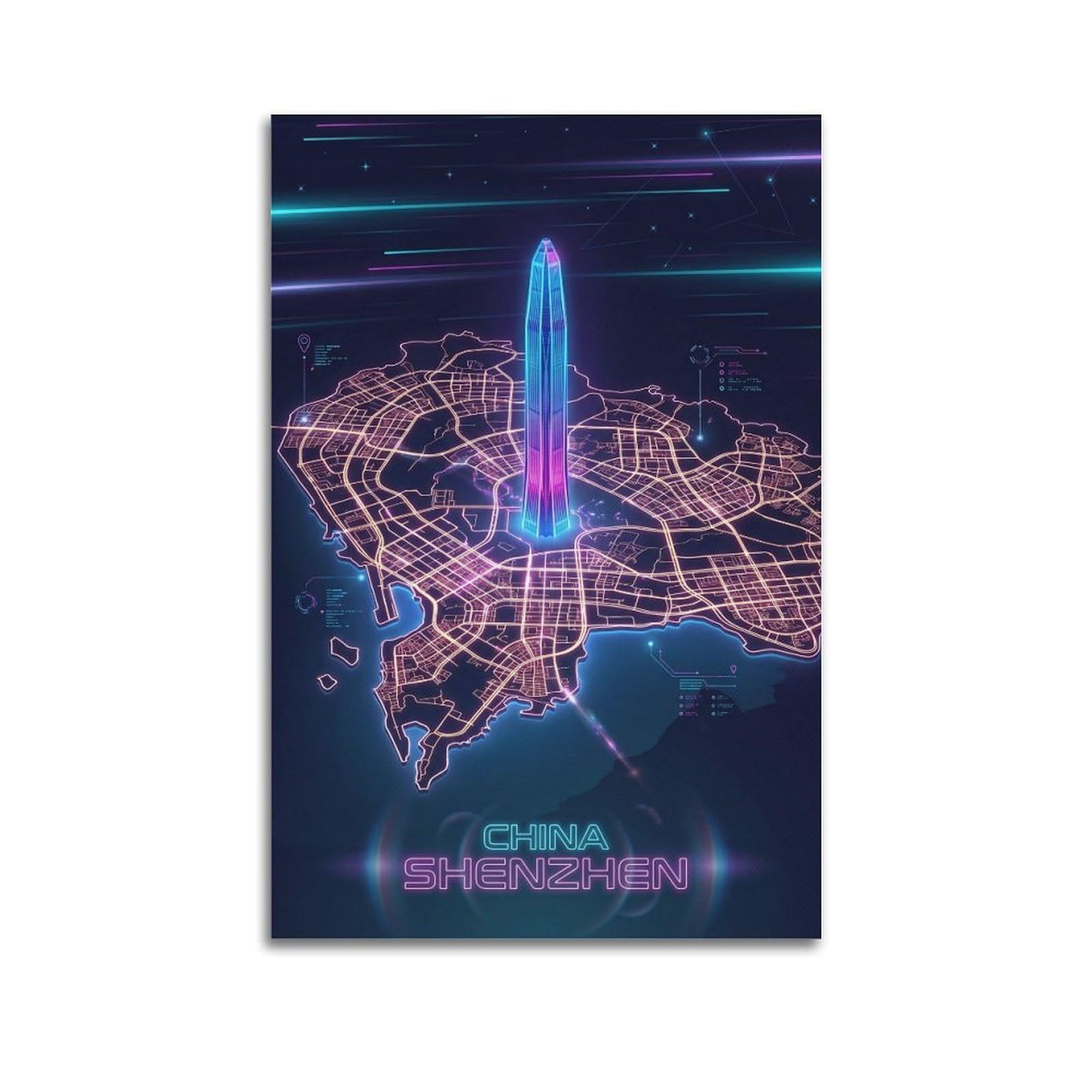 XKUGA Map Gaming Room Poster Shenzhen China Cyberpunk Modern Decorative Canvas Prints - Ideal Wall Art for Family, Man Cave, Game Room, Boys & Girls Bedroom 24x36inch(60x90cm)