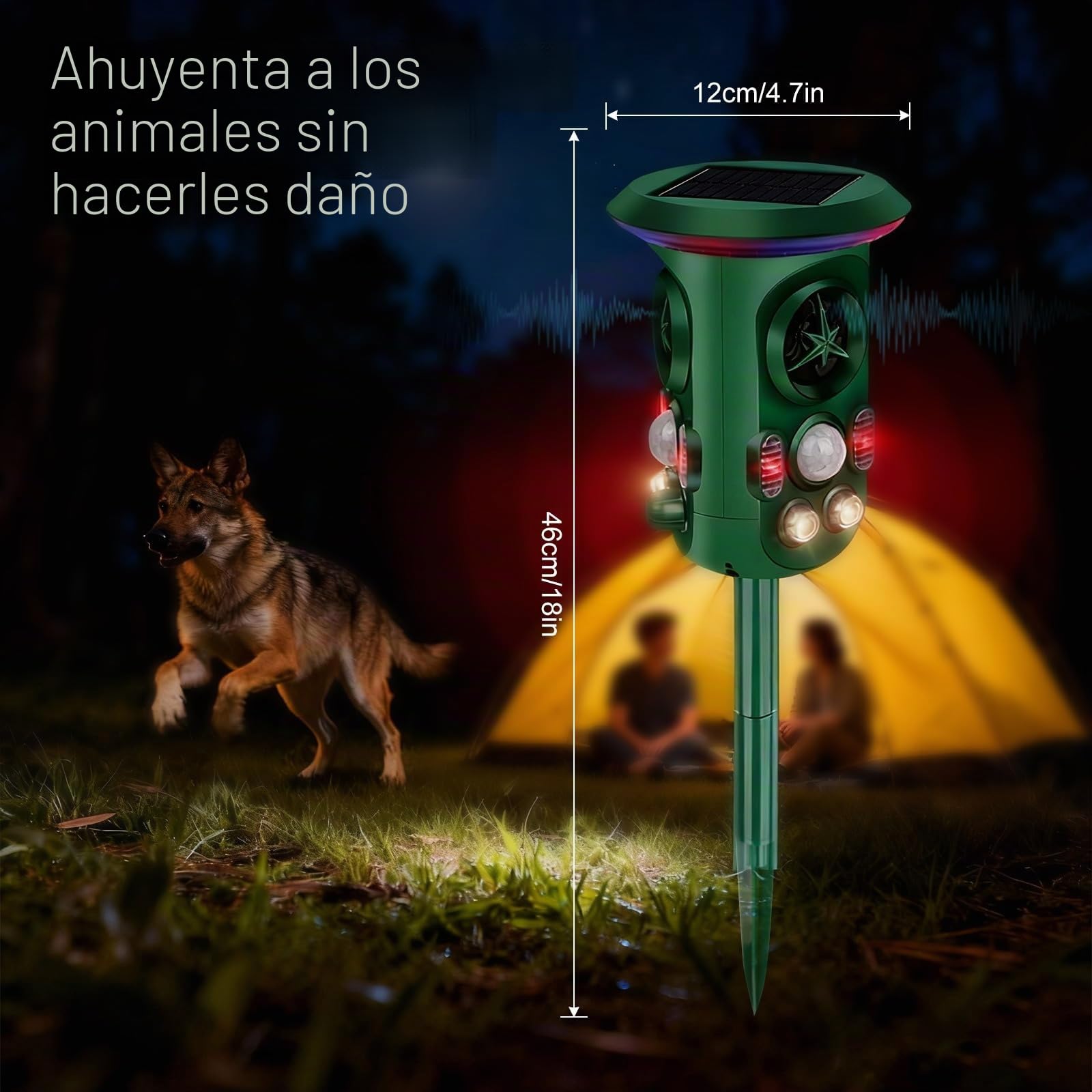 Ahuyentador de Gatos por Ultrasonido Solar con Detector de Movimiento | ahuyentador de animales jardín 360°, Protección contra Martas, IP66 Resistente al Agua, Con Flash, Eficaz contra Gatos