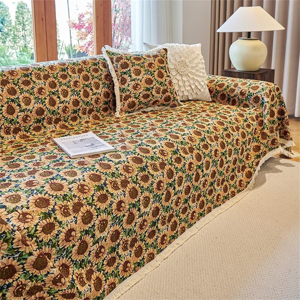 Morbuy Sofa Cover with Tassel for 1 2 3 4 Seater, Cotton Linen All-Season Protection AB Sided Throw Slipcover for Corner Sofa Couch Cover for Living Room (sunflowers,180x230cm)