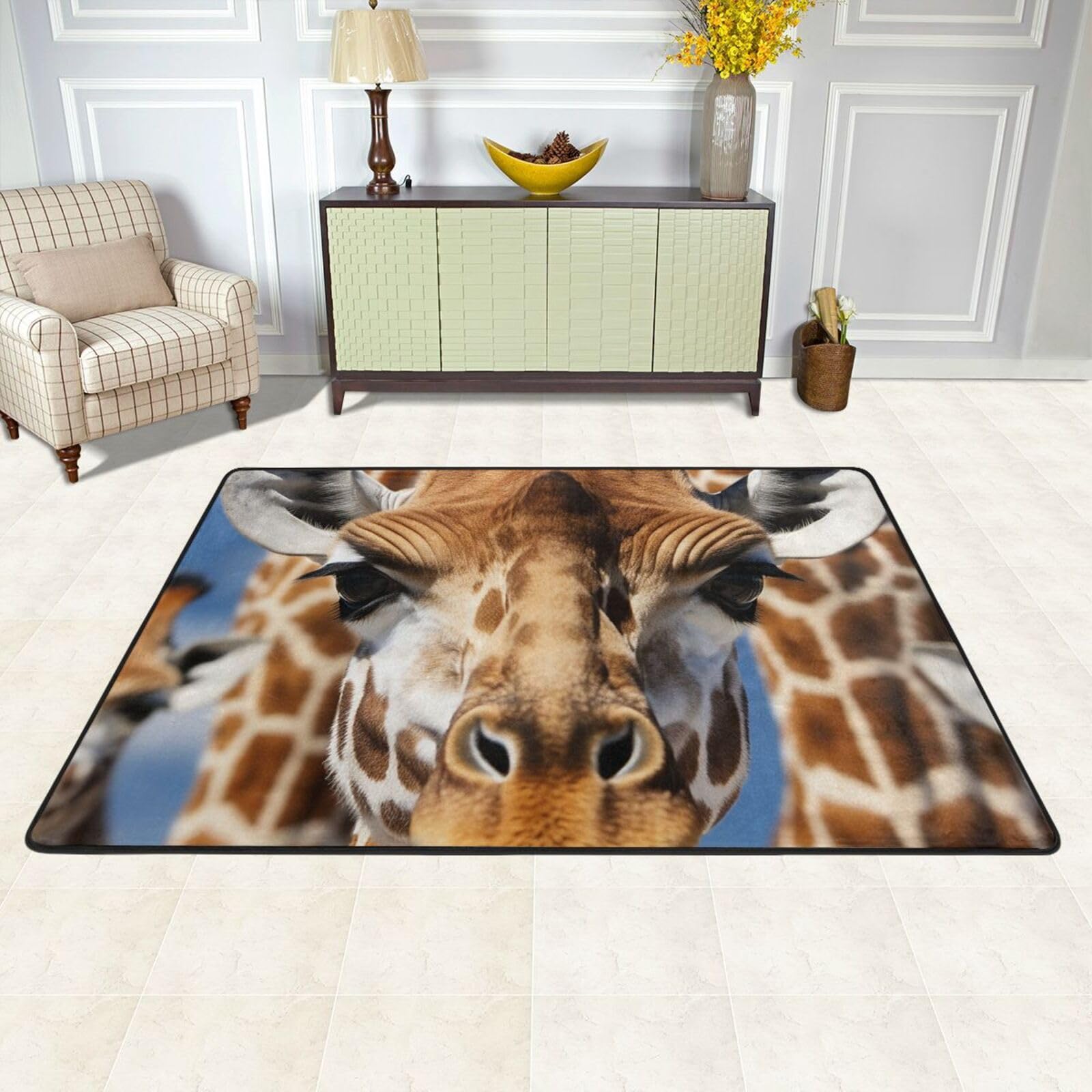 Tapis antidérapant lavable grand format motif girafe doux