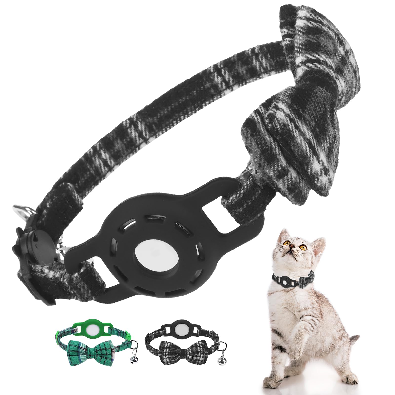 DILLYBUD Airtag Cat Collar Breakaway with Bells and Bowtie -Upgraded Safety Kitten Collar for Air Tag Holder -Cute GPS Cat Tracker Collars for Girl Boy Cats, Kitty and Puppies, Black