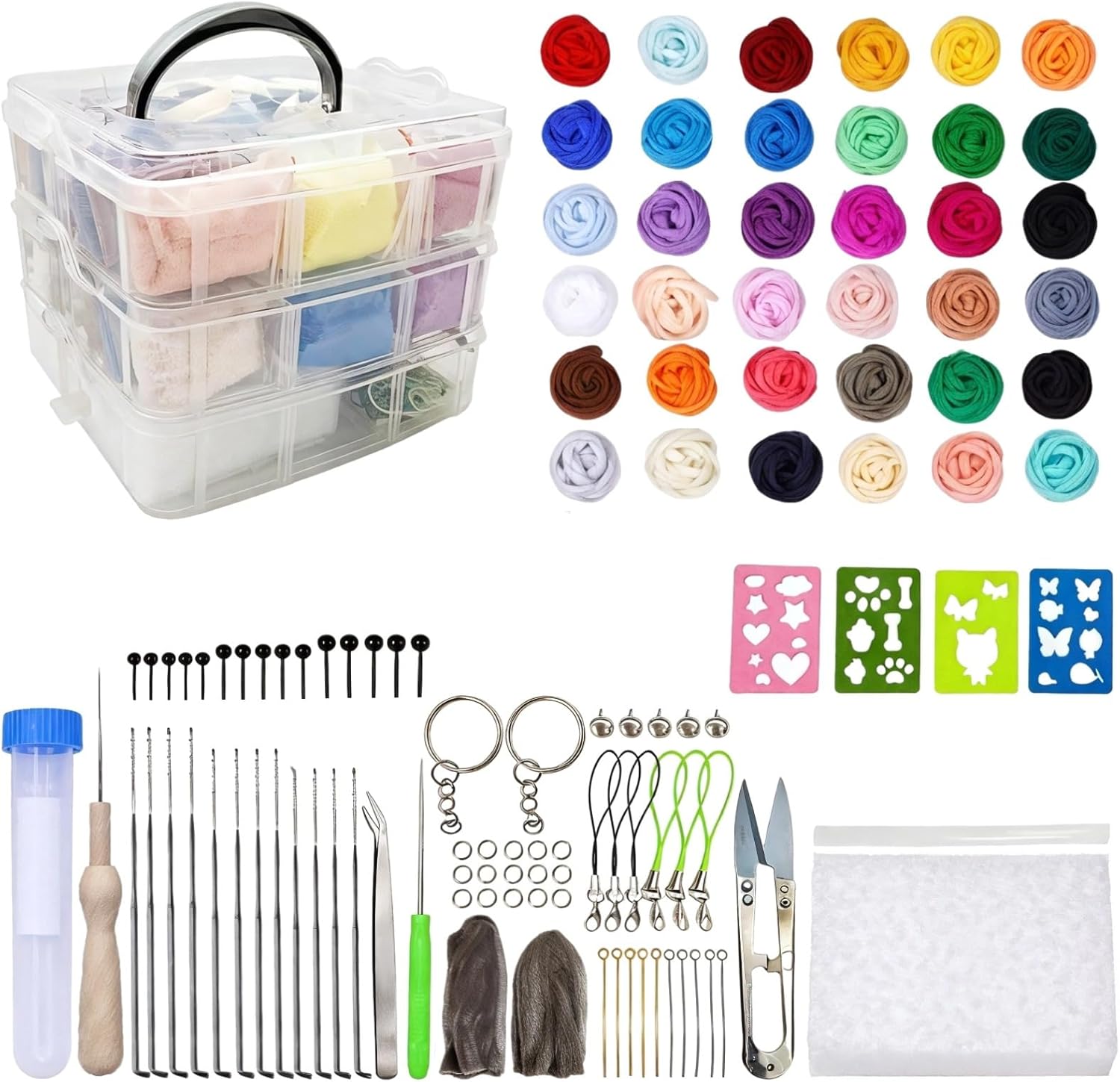 Leather Finger Guards Included, Felting Needles, Wool 36 Colors, Creative Projects DIY Wool Felting Kit for Beginners, Storage Box