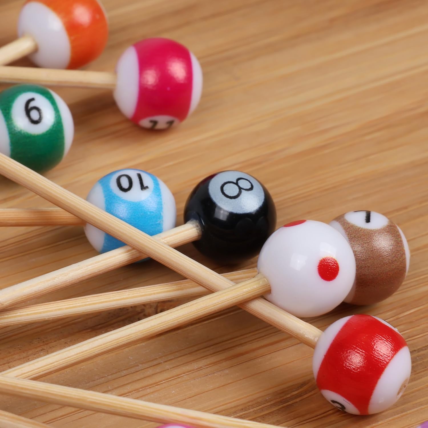 BambooMN Billiard Pool Cocktail Appetizer Bell End Skewer Picks - 3.9" (10cm) - Assorted - 1,000 Pieces