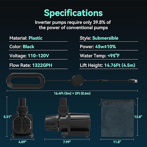 Miniatura 8 de Bomba de agua sumergible de 1322 GPH, bomba de estanque de 45 W con 15 pies. Altura de elevación para piscina de estanque Koi, cascada, pecera,