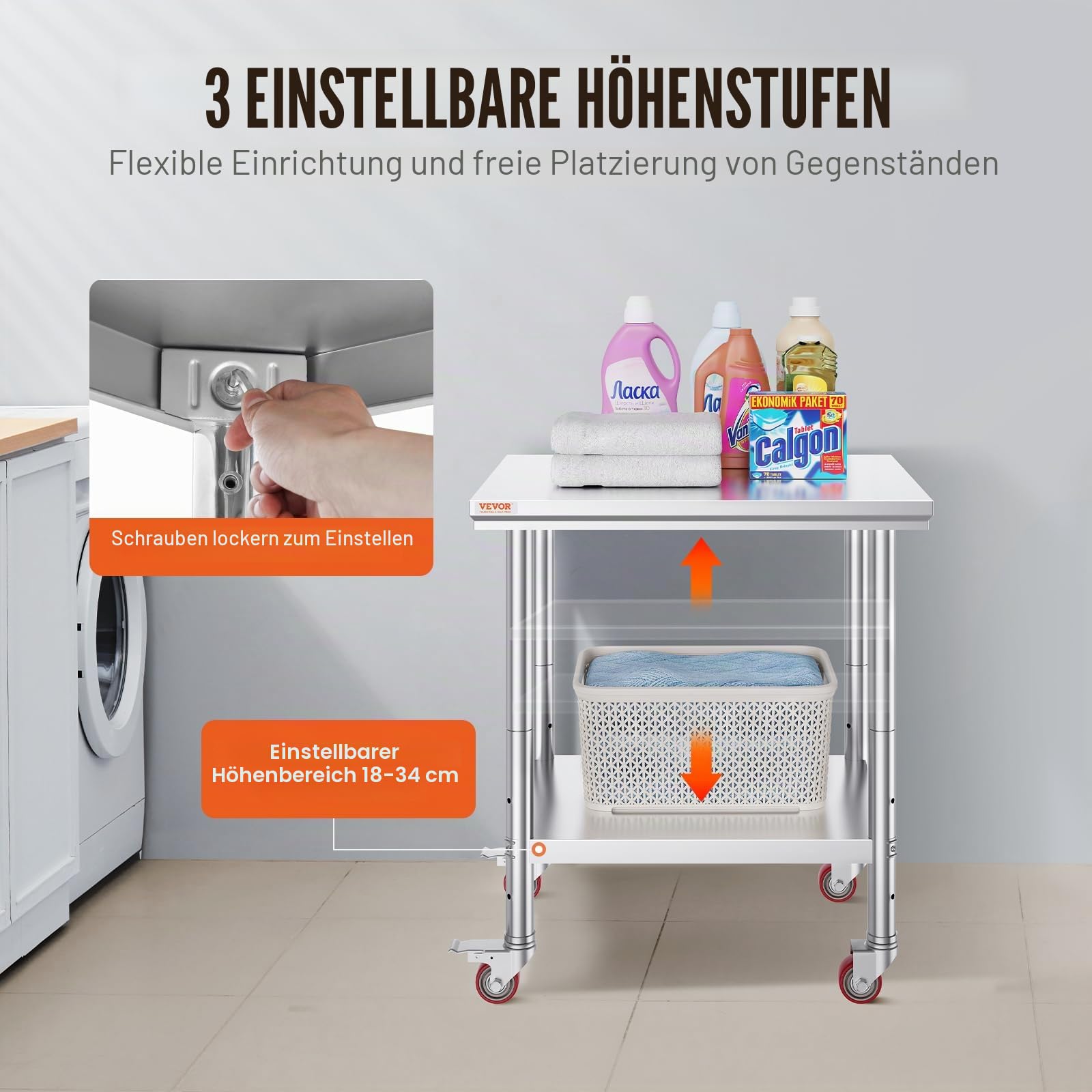 VEVOR Arbeitstisch aus Edelstahl, 76,2 x 61 cm, kommerzieller Arbeitstisch mit 4 Rädern, kommerzielle Lebensmittelzubereitung, Werkbank mit Flexibler Einstellablage für Küchen-Vorbereitungstisch