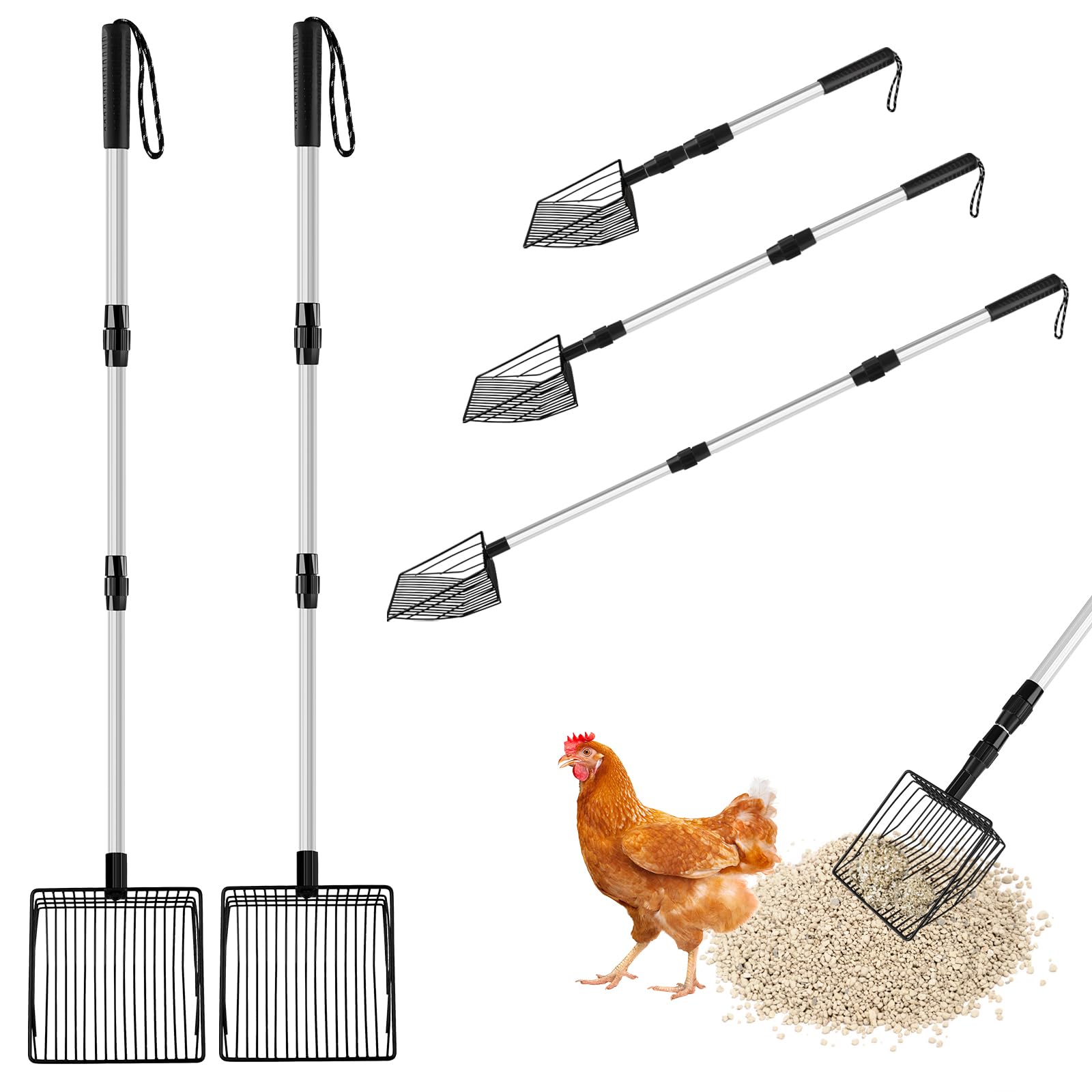 2 Pack Chicken Poop Scooper, 3 in 1 Retractable Metal Chicken Coop Scooper(22 to 40.9inch), Stainless Steel Chicken Coop Cleaning Tools Chicken Coop Accessories for Chicken Litter Scoop Supplies