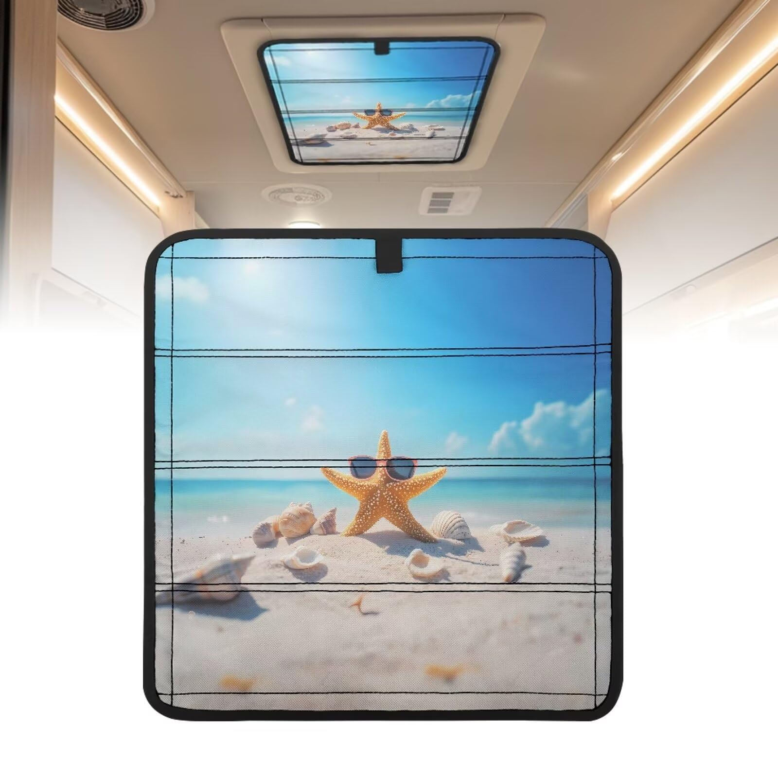 SUITOSELFY Beach Starfish RV Window Shades for Inside Camper 16" x 16" Foldable RV Blackout Ventilation Cover UV Rays Protection Camper Trailer Fan