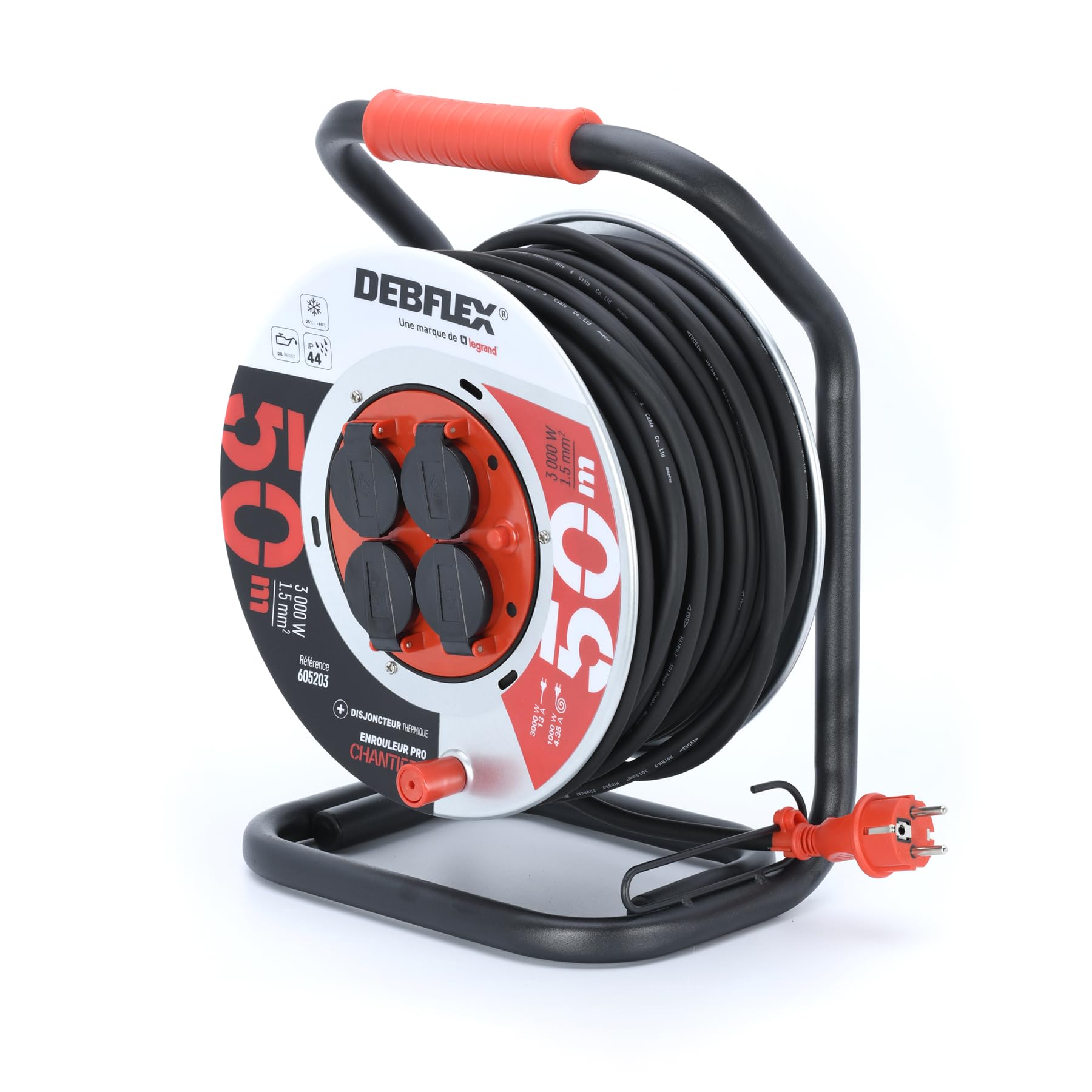 DEBFLEX - Enrollador HO7RN-F 3G1,5 mm² – Enrollador eléctrico con alargador eléctrico 50 m + 4 enchufes impermeables IP44 – Con guía de cable + bloqueo de seguridad – PVC + metal – Negro