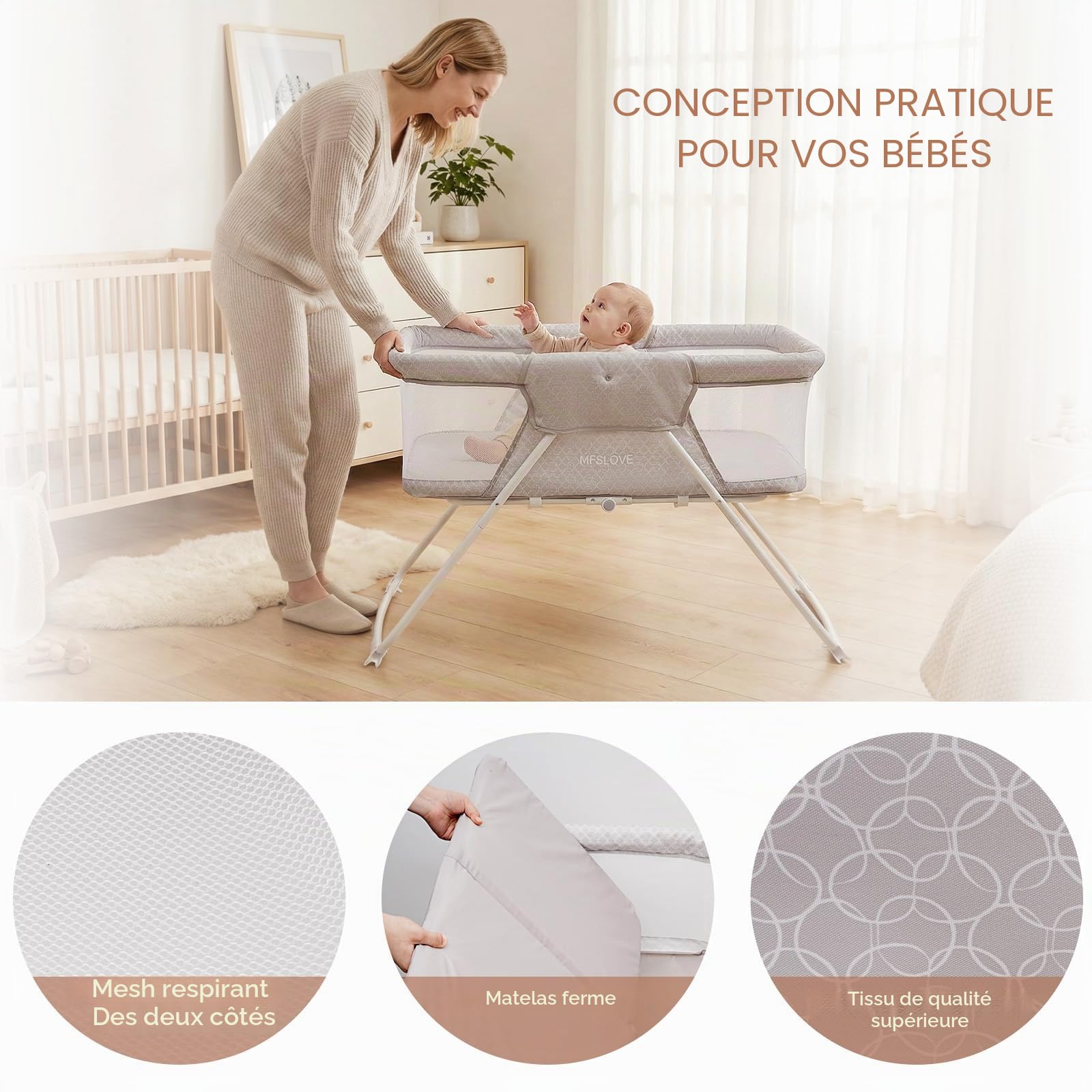 Lit de bébé portable avec moustiquaire, berceau pliable nouveau-né à 6 mois