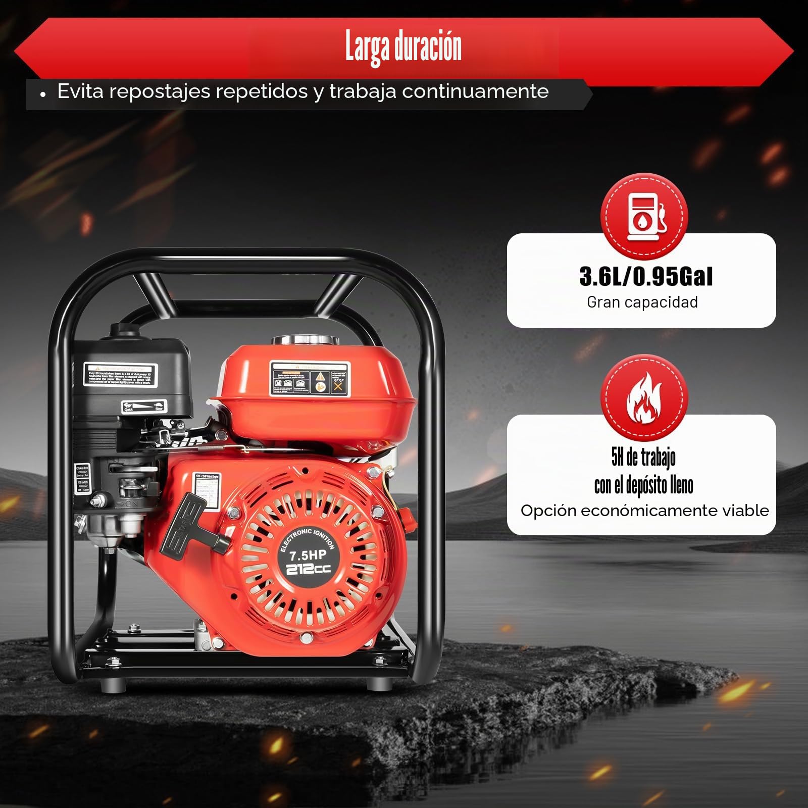 Bomba de agua de gasolina para jardín, 7,5 CV, 35000 l/h y 30 m, altura de aspiración, conexión de 3 pulgadas, bomba de agua sucia con motor de 4 tiempos, arranque por cable, base de metal