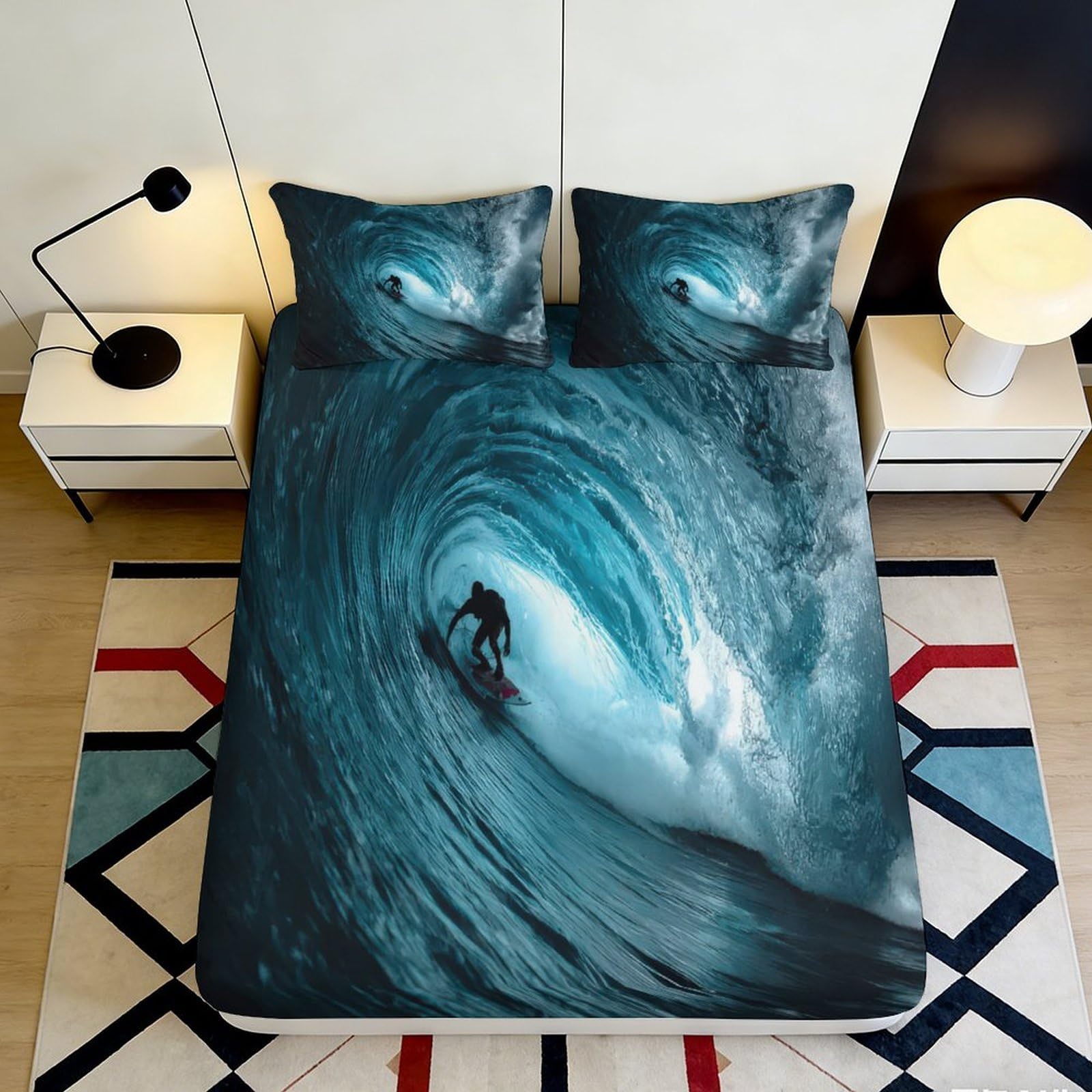 3D Printed Ocean Wave Fitted Sheet Microfiber Durable Soft Surfing Design Bed Cover for Bedroom Dormitory Guest Room Mattress Protection 160x200x25cm