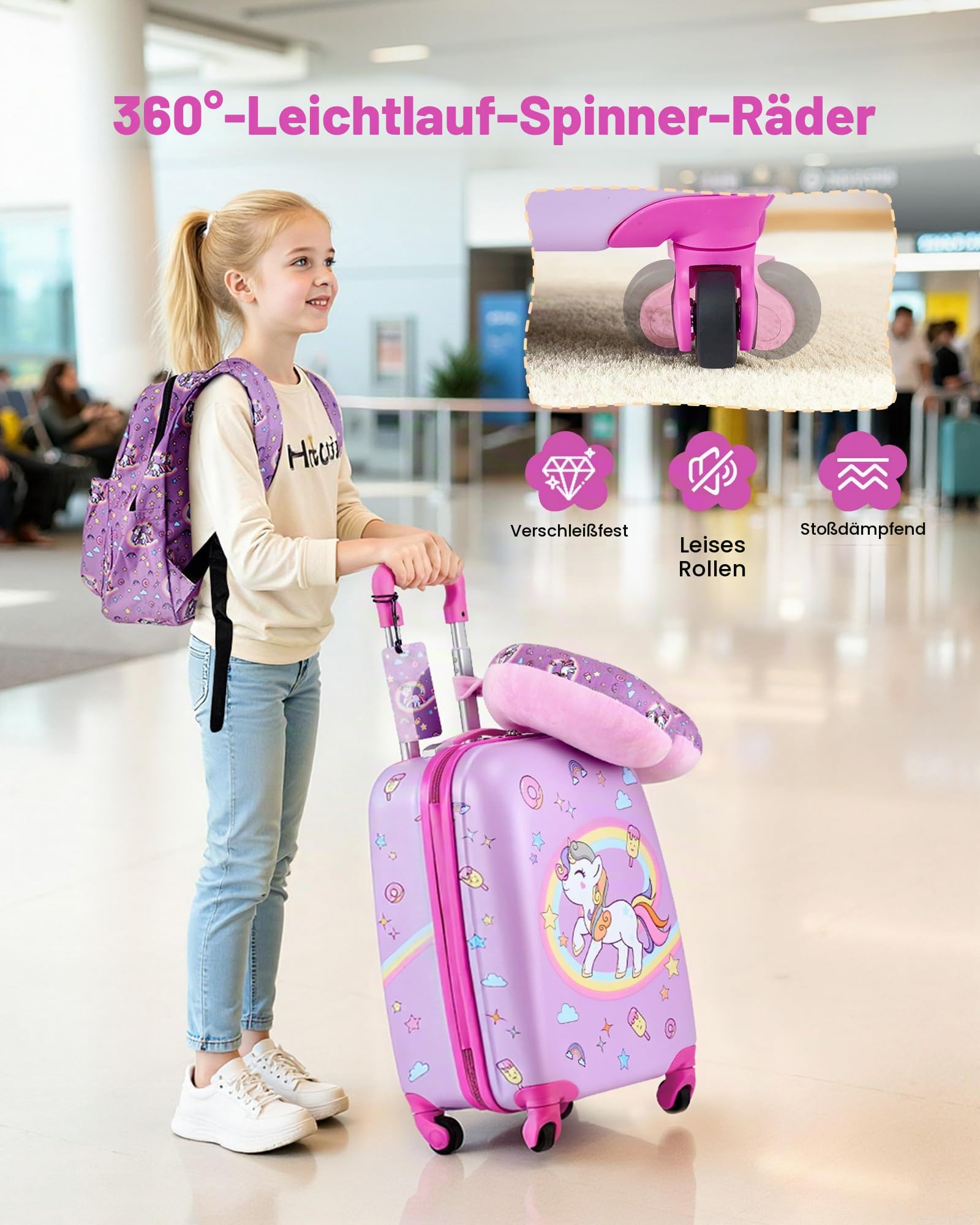 VEVOR 5 TLG. Kinderkoffer Set, 457,2 mm, Hartschalenkoffer mit Kindertrolley, Rucksack, Nackenkissen, Lunchbox & Kofferanhänge, Kofferset fürJungen & Mädchen, praktisch für Reisen Fliegen (Einhorn)