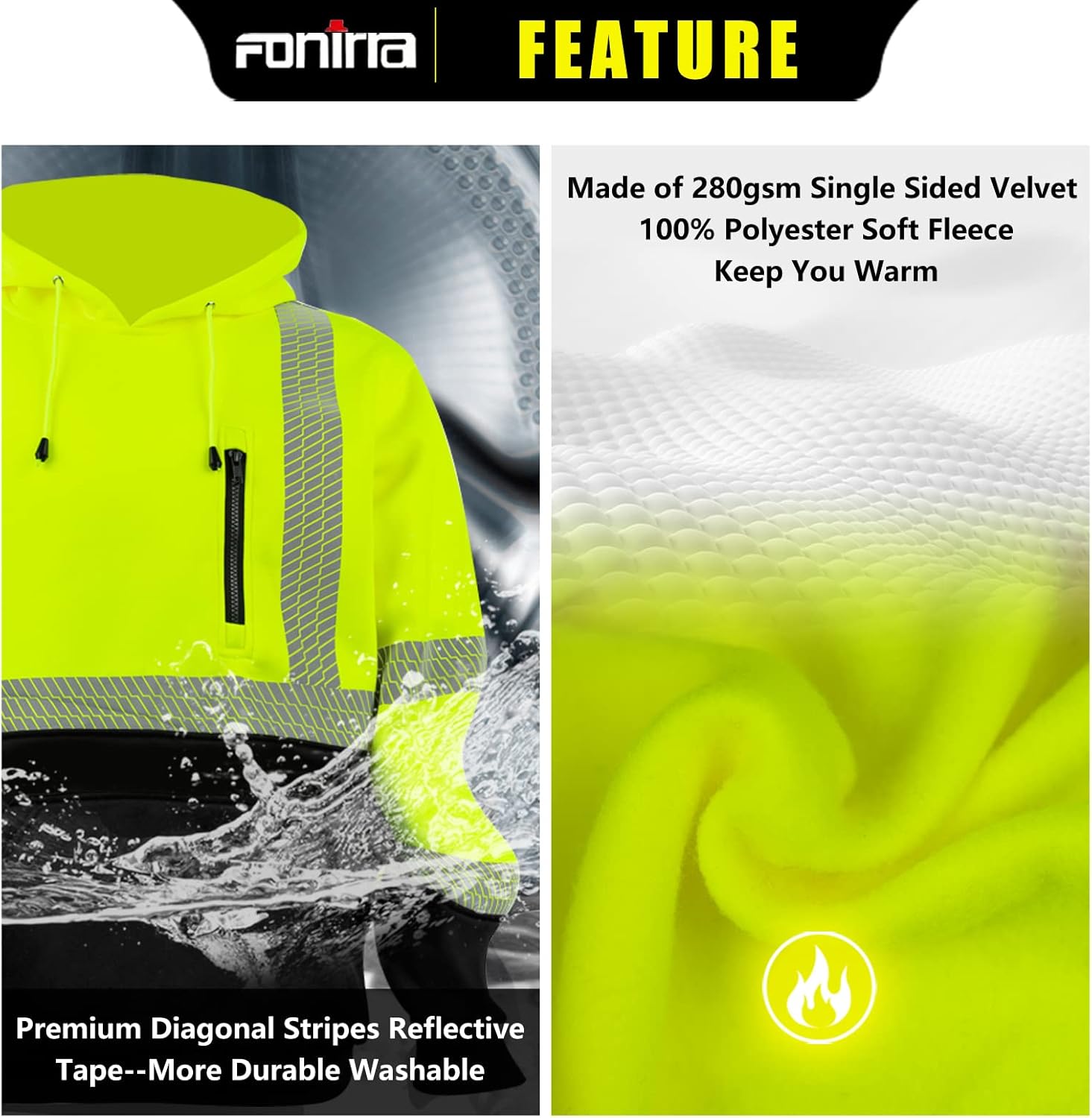 FONIRRA High Visibility Safety Fleece Hoodie for Men Reflective Sweatshirt ANSI Class 3 with Black Bottom(Yellow,XL) - Image 5