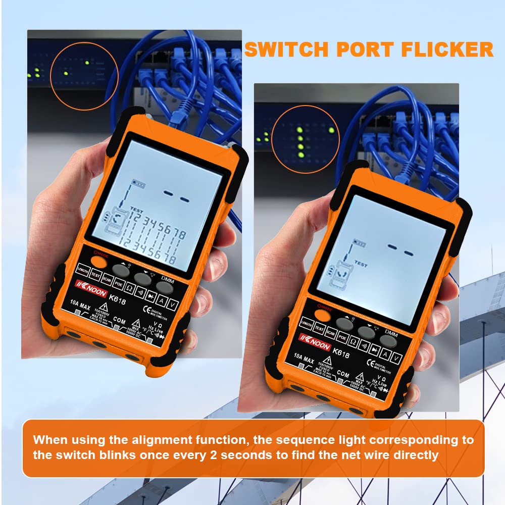 Tester per Cavi di Rete, Localizzatore di Cavi Multifunzione POE con Schermo LCD, Abbinamento di ID di Cavi Lunghezza del Cavo di Rete Misura di Cortocircuito Aperto con 3 Accessori di Abbinamento ID