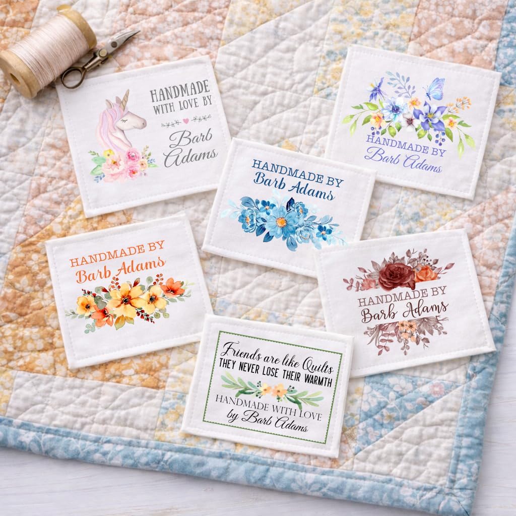 Personalized Floral Quilt Labels Set of 6 – Custom Cotton Quilt Tags with Name, Handmade Quilt Label, Sew-On Fabric Labels for Quilts
