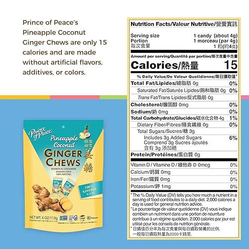 Miniatura 2 de Prince of Peace Masticables de piña, coco y jengibre, jengibre confitado, bolsa de 4 onzas, paquete de dulces, caramelo natural, aperitivo