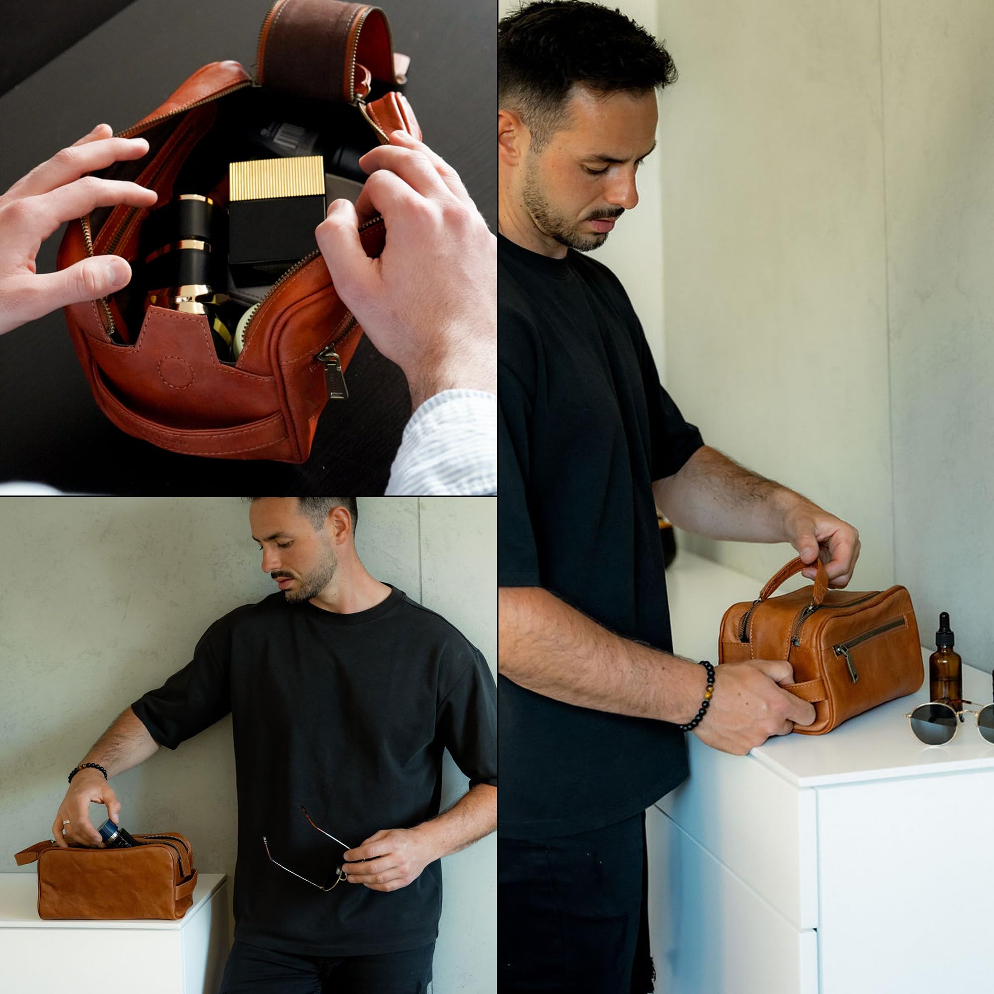Berliner Bags Trousse da Viaggio Tim M in Vera Pelle, Beauty Case e Borsa da Toilette con Zip, Unisex – Marrone
