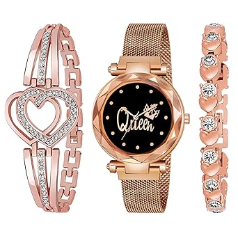 Endeavour Branded Analogue Diamond Studded Stylish Queen Black Dial Magnet Watch with Gift Bracelet for Women or Girls and Watch for Girl or Women (Combo of 3)