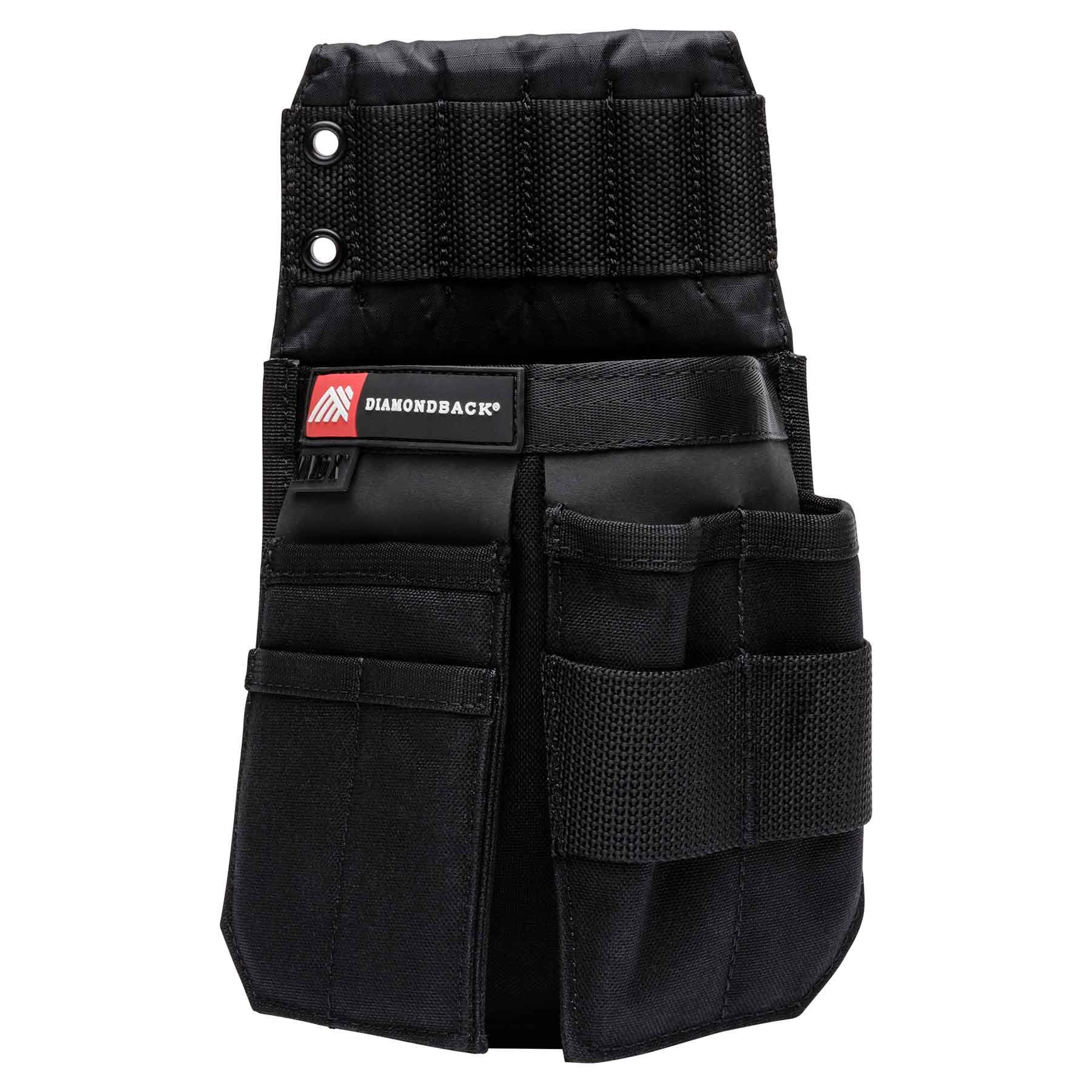 Diamondback Mazo X Minimalist Tool Pouch | Open-top main pocket with divider & 4 slots - 2 tapered-tool sleeves - 4-slot bit index - DX9 fabric back - 0.65 lb