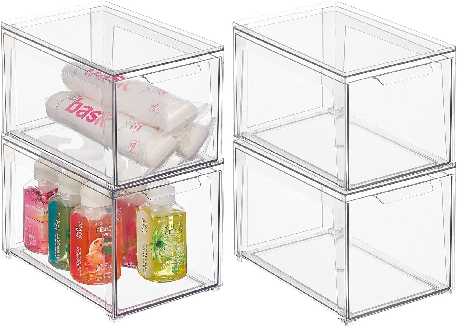 mDesign Plastic Stackable Bathroom Storage with Pull Out Bin Organizer Drawer for Cabinet, Vanity, Shelf, Cupboard, Cabinet, or Closet Organization - Lumiere Collection - 4 Pack - Clear