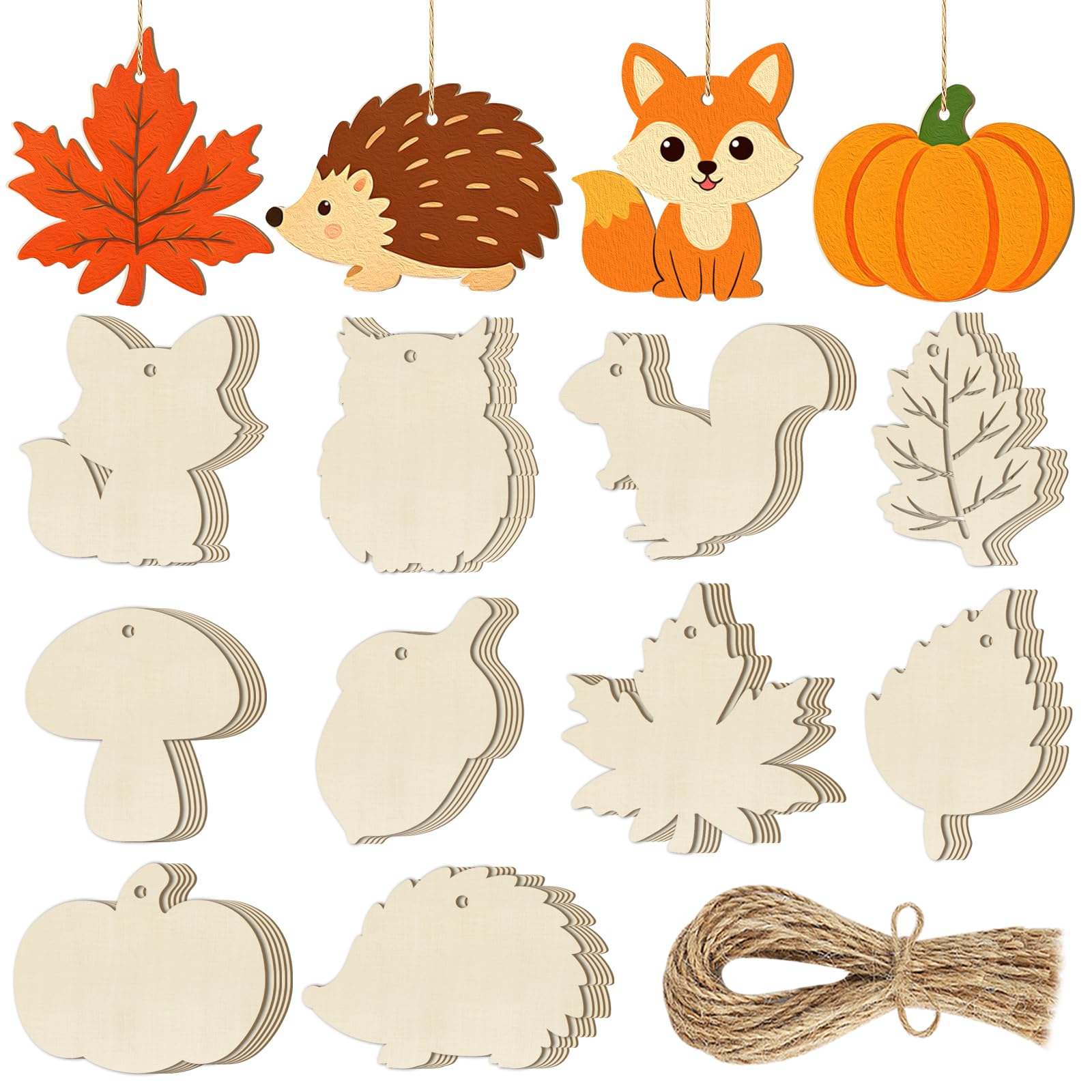 50Pcs Wooden Fall Ornaments to Paint 10 Styles DIY Blank Autumn Unfinished Wood Maple Leaves Turkey Pumpkin Cutouts Thanksgiving Ornament for Crafts Hanging Decorations