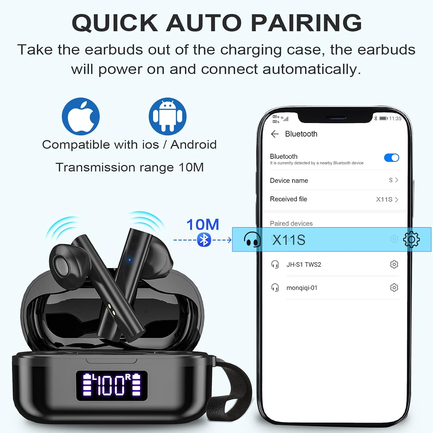 shishae Wireless Earbuds Bluetooth 5.0 Headphone Hi-Fi Stereo Sound Built-in Mic Touch Control in-Ear LED Power Display Ear Buds Wireless Earphones for Workout Running Work