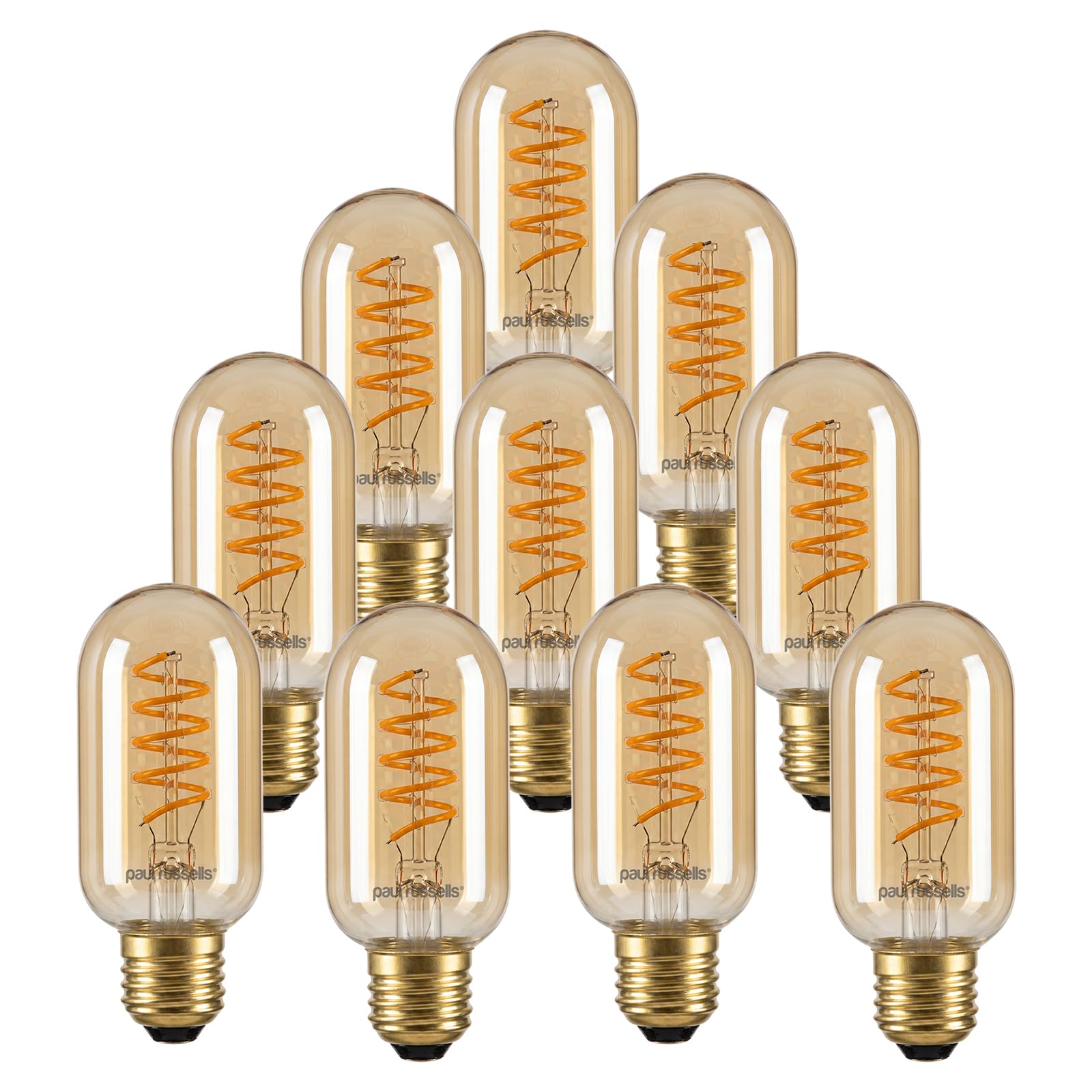 paul russells Dimmable Spiral LED Filament T45 Bulb, E27 Edison Screw 4W (25W Equivalent) - 250LM, 1800K Vintage Amber Light, Smooth Dimming, 330° Beam Angle, Decorative Cage Lightbulb – Pack of 10