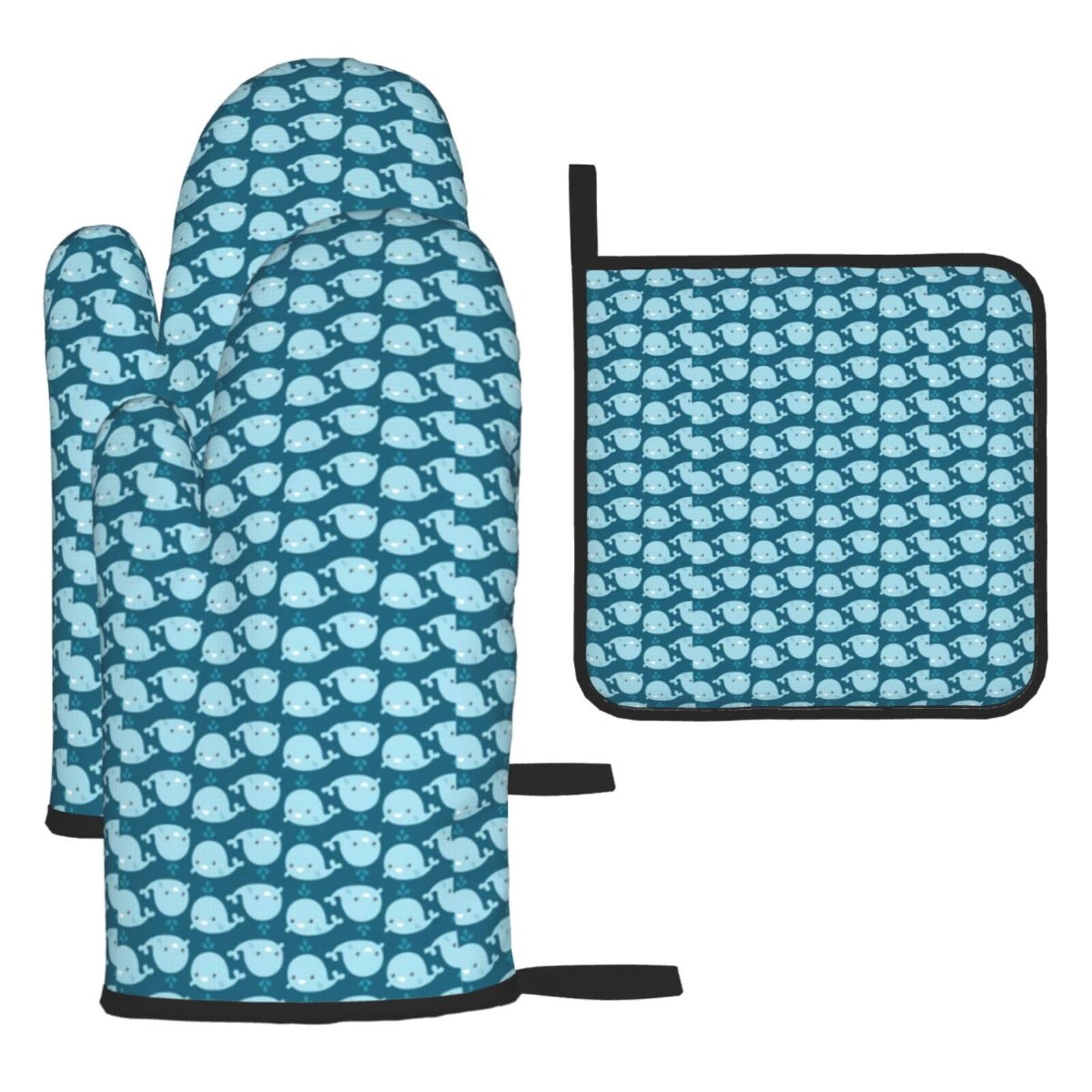Cartoon Whales Background Print Oven Mitts Kitchen Gloves Set Everyday Baking Grilling Microwaving Cooking Gift