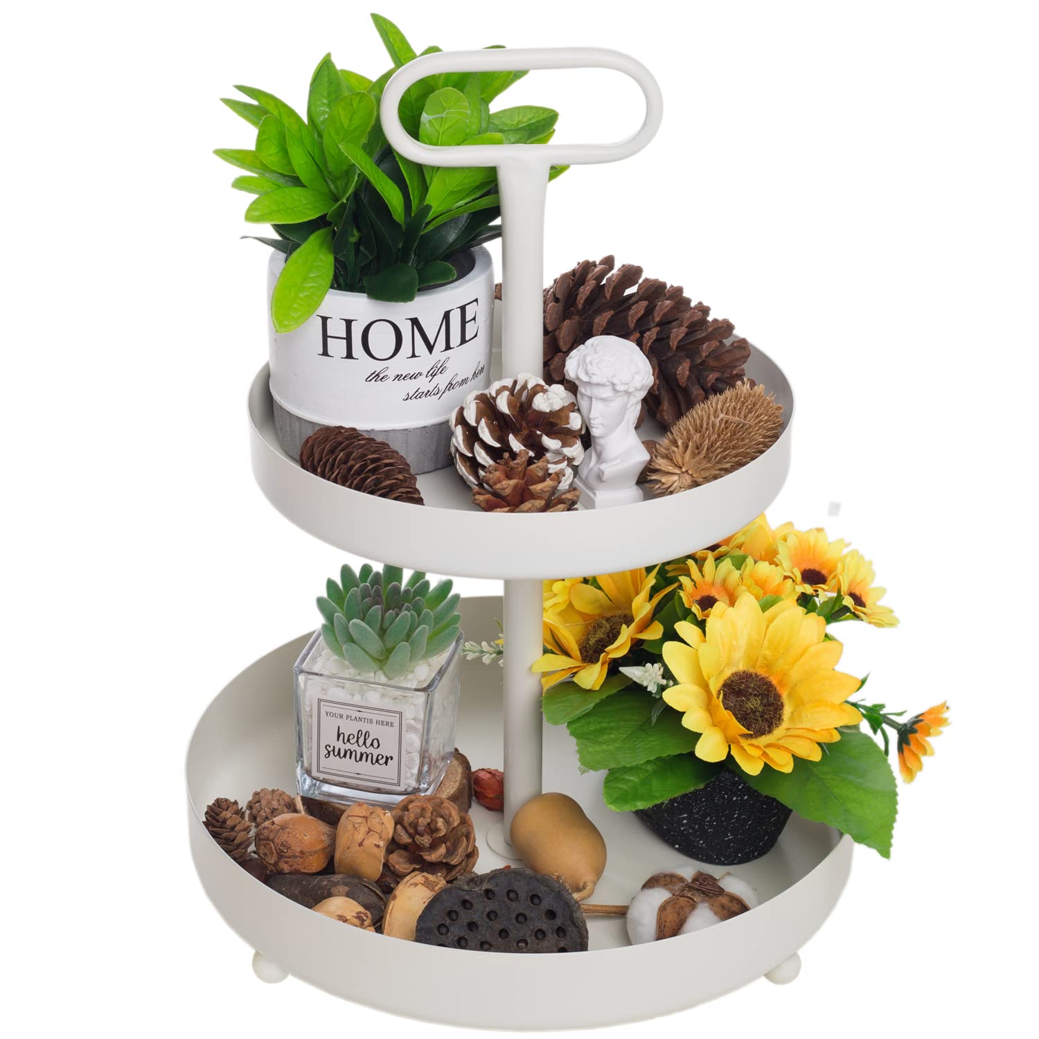 MAONAME White 2 Tiered Tray, Metal Two Tier Tray with Handle, Decorative Tray for Kitchen, Living Room, Bathroom, Seasonal Decor