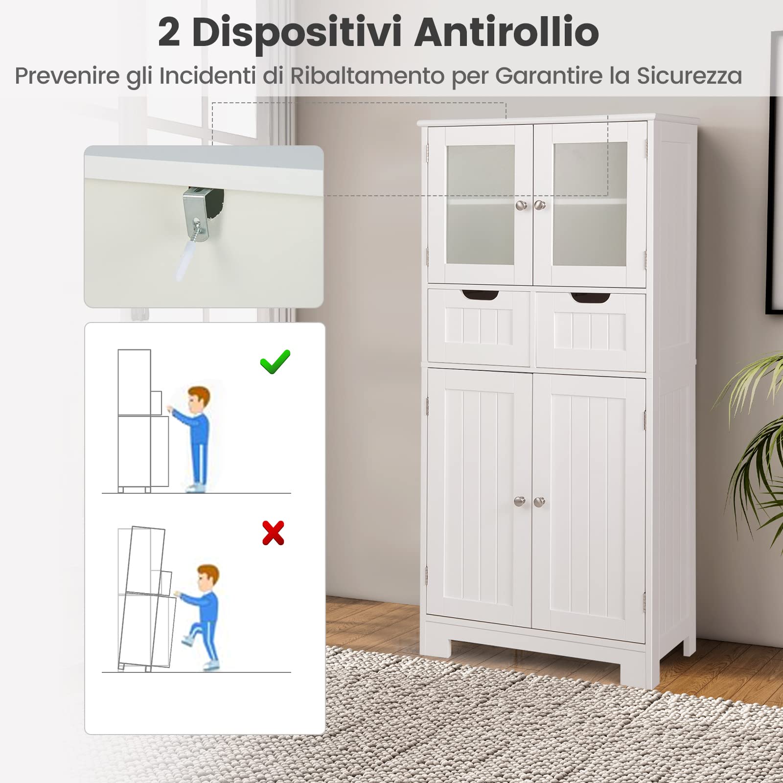 COSTWAY Armadio da Terra con 4 Ante, Mobile da Bagno con 2 Ante in Vetro 2 Cassetti e Ripiani Regolabili, Armadio Multifunzionale per Bagno e Soggiorno (Bianco, 60x30x128cm)