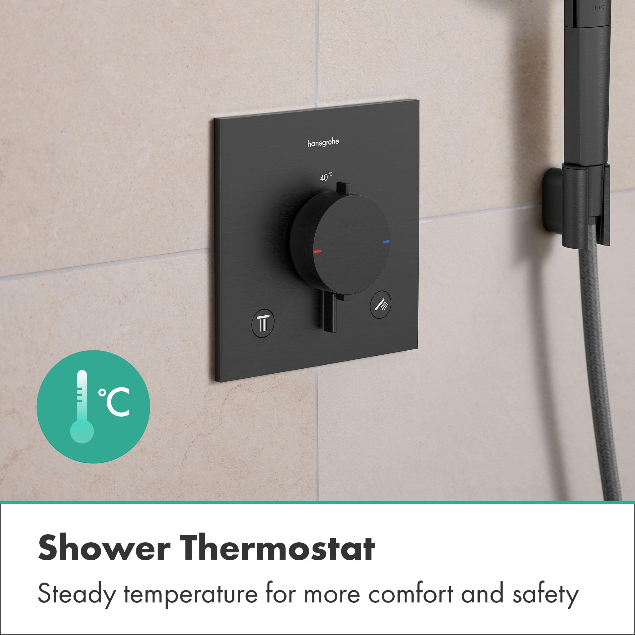 hansgrohe Ecostat Comfort E 33711340 Thermostat de douche, encastré, avec verrouillage de sécurité (SafetyStop) à 40 °C, pour 2 consommateurs, chrome noir brossé
