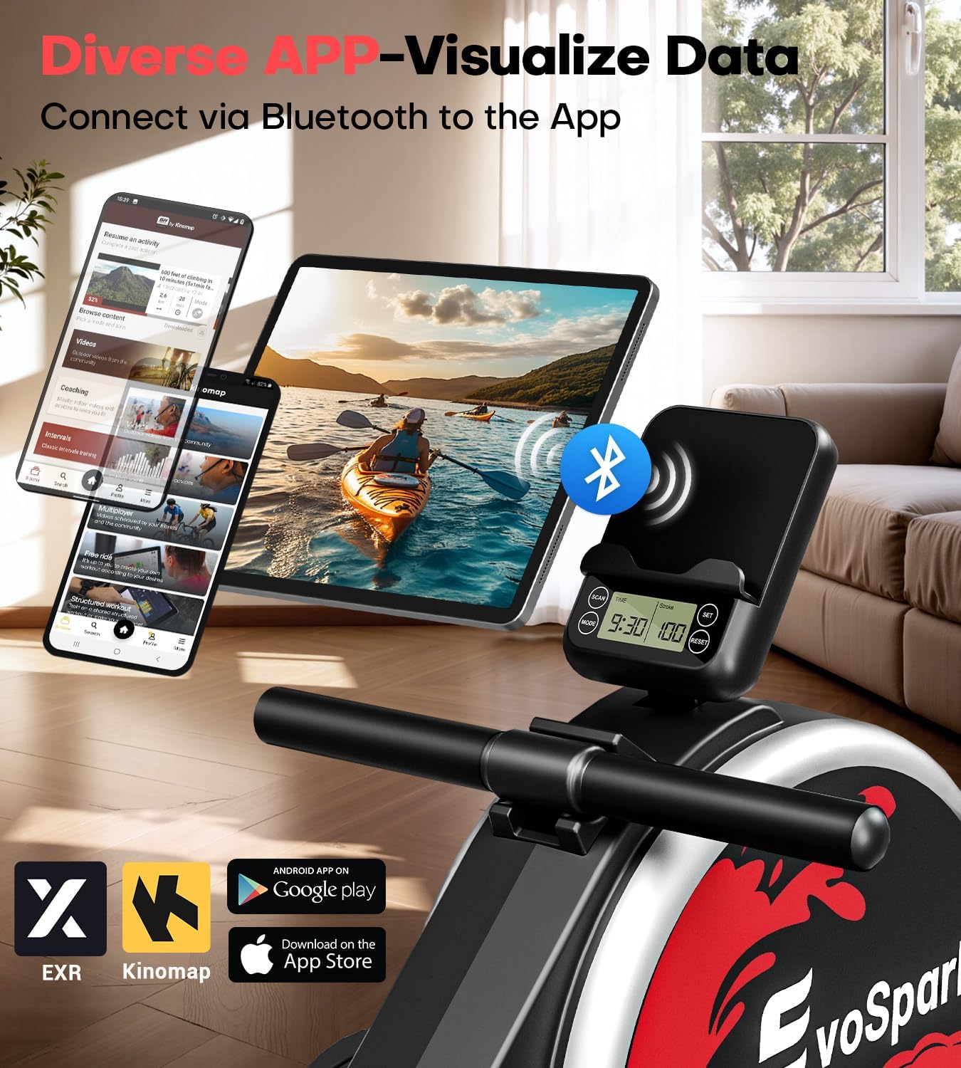 EvoSpark rowing machine console with smartphone and tablet displaying fitness apps.