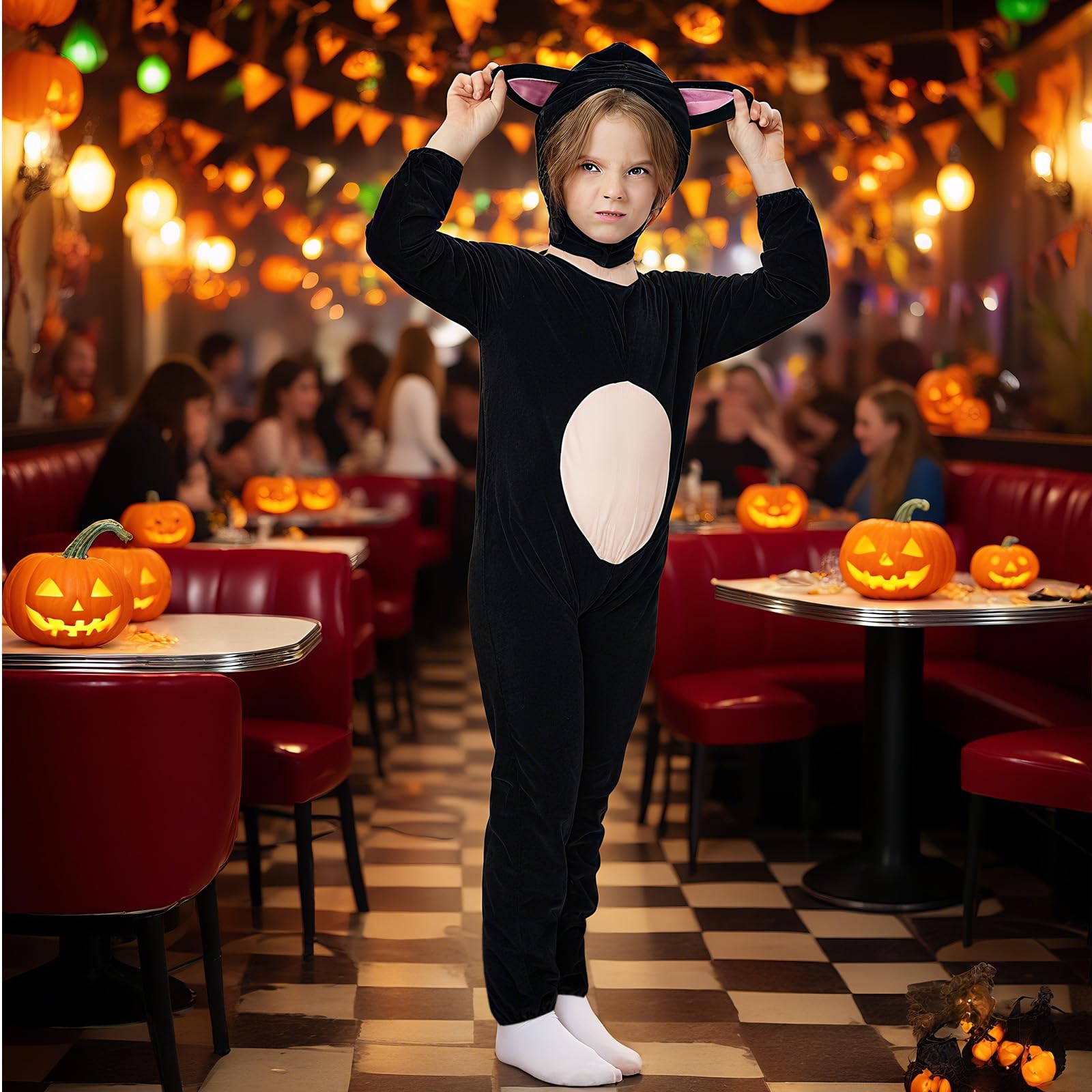 Joyincoser Cat Costume Onesie Black Cat Jumpsuit Pyjamas with Cat Ears Hat Animal Costume for Halloween Cosplay Fancy Dress (140) - Image 3