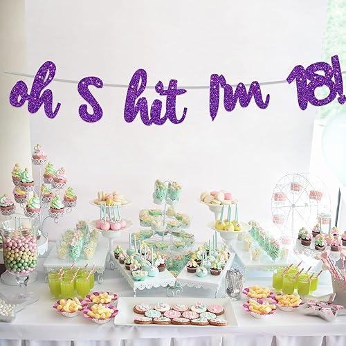 Miniatura 6 de COOSOAR Oh S*it I'm 18! - Pancarta de fondo con purpurina púrpura Hello 18 Cheers to 18 años de edad, decoración temática para niños y niñas,
