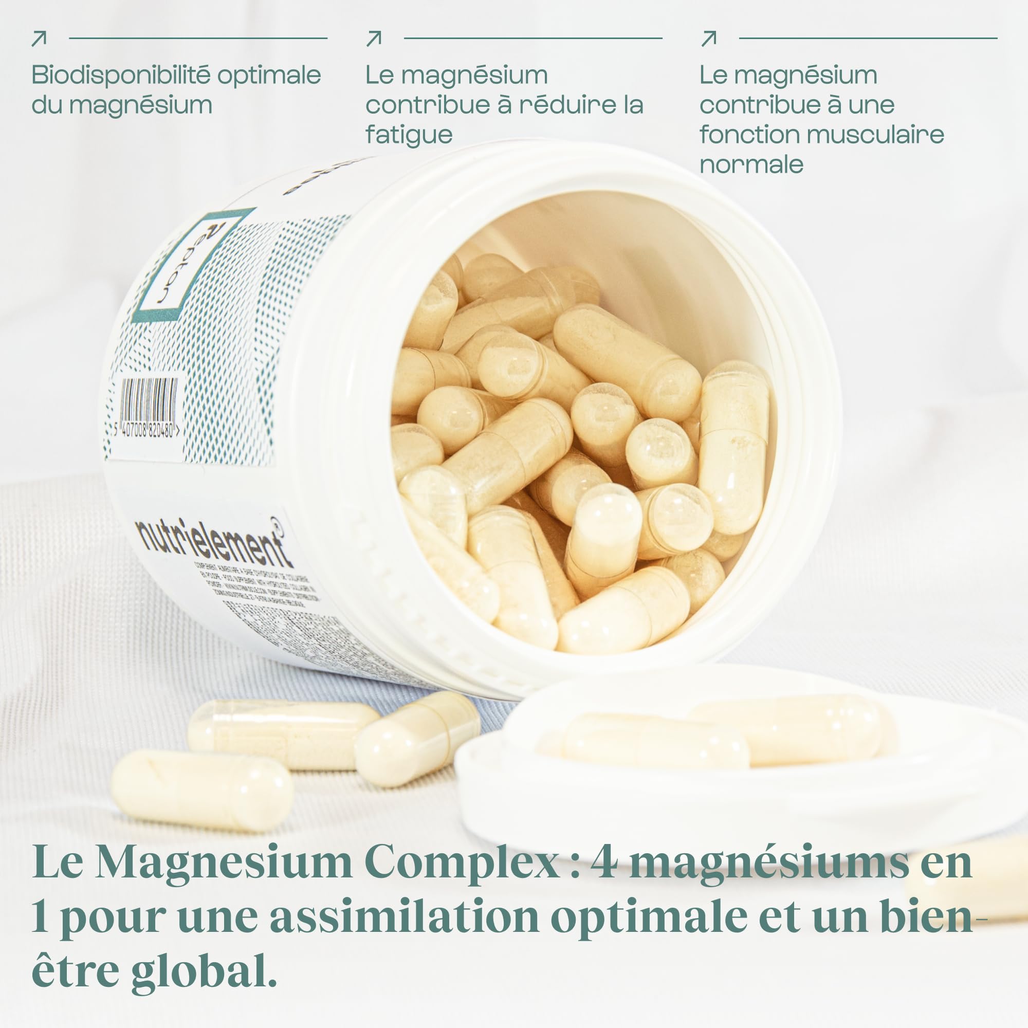 Nutrielement - Magnesium Complex - 60 gélules - L-Pidolate + Citrate de magnésium + magnésium Bisclycinate - Complément alimentaire Fatigue, Système nerveux, Energie - Biodisponibilité élevée
