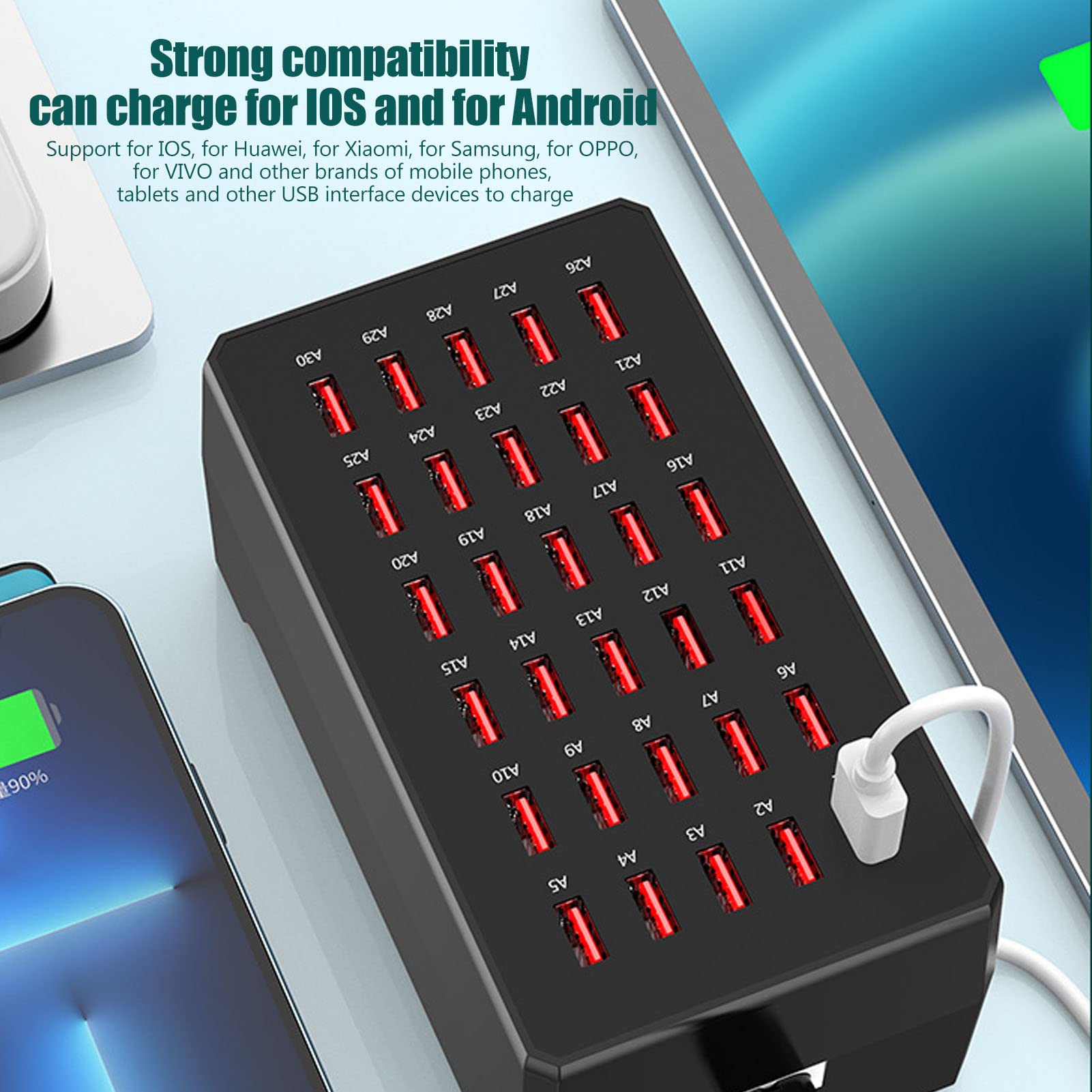 Estación de Carga USB de 150 W, 10 A, 30 Puertos, Cargador Rápido USB de Escritorio de Tamaño Familiar, Estación de Carga de Escritorio USB Múltiple para Teléfono Inteligente,