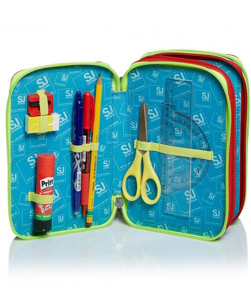 Schoolpack Zaino Seven SJ Gang Facce Boy Blu Estensibile + Astuccio 3 Zip Completo