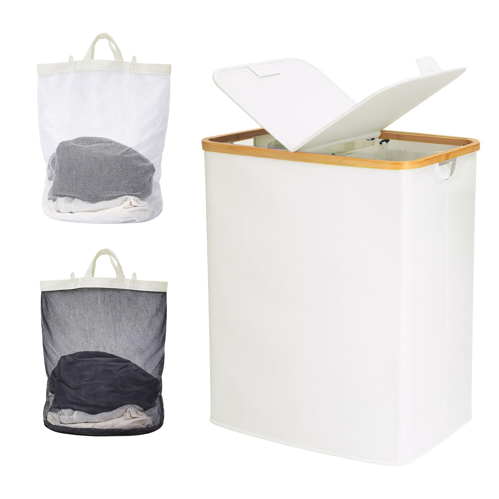 LN COZY CORNER 140L Laundry Basket with Lid, Large Double Laundry Hamper with 2 Removable Bags, Foldable Laundry Basket with Lid for Clothes Storage, Laundry Organisation & Bedroom Storage (Off-white)
